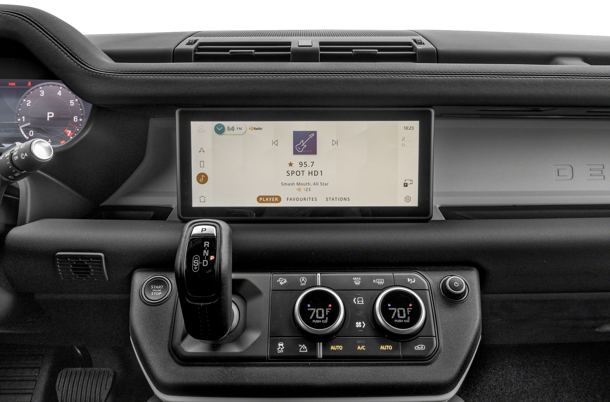 Infotainment touchscreen, digital climate controls, and gear selector