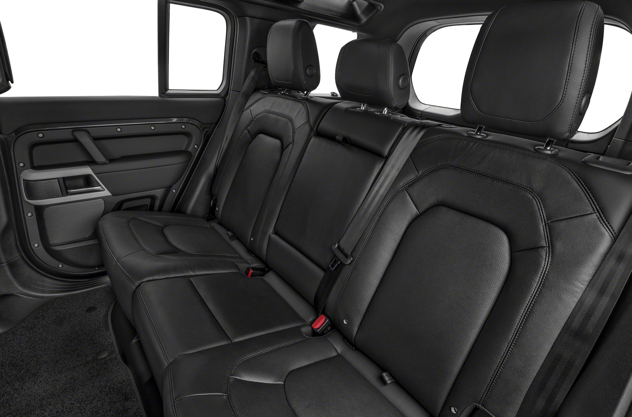 Black leather rear seats and door panel interior with headrests and seat belts