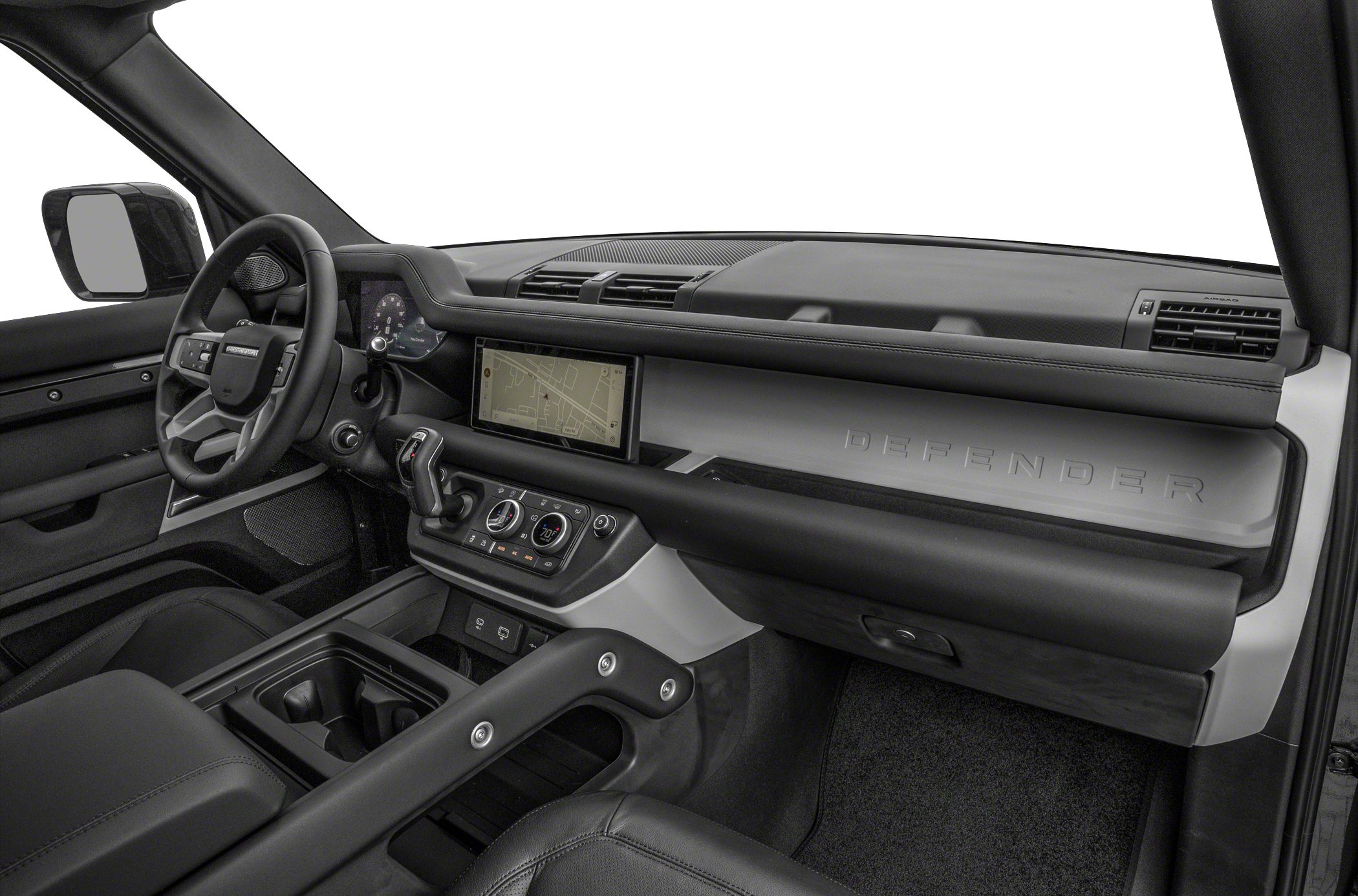 Modern dashboard and steering wheel with digital display and touchscreen.