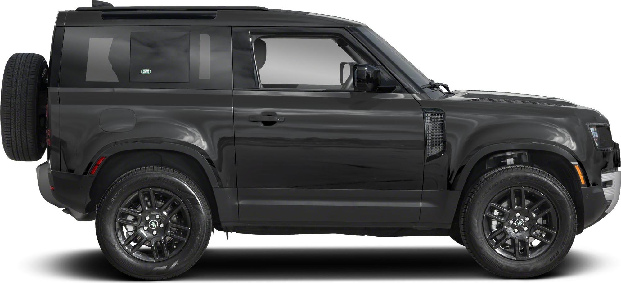 Side profile of black rugged 2-door SUV with spare tire and alloy wheels