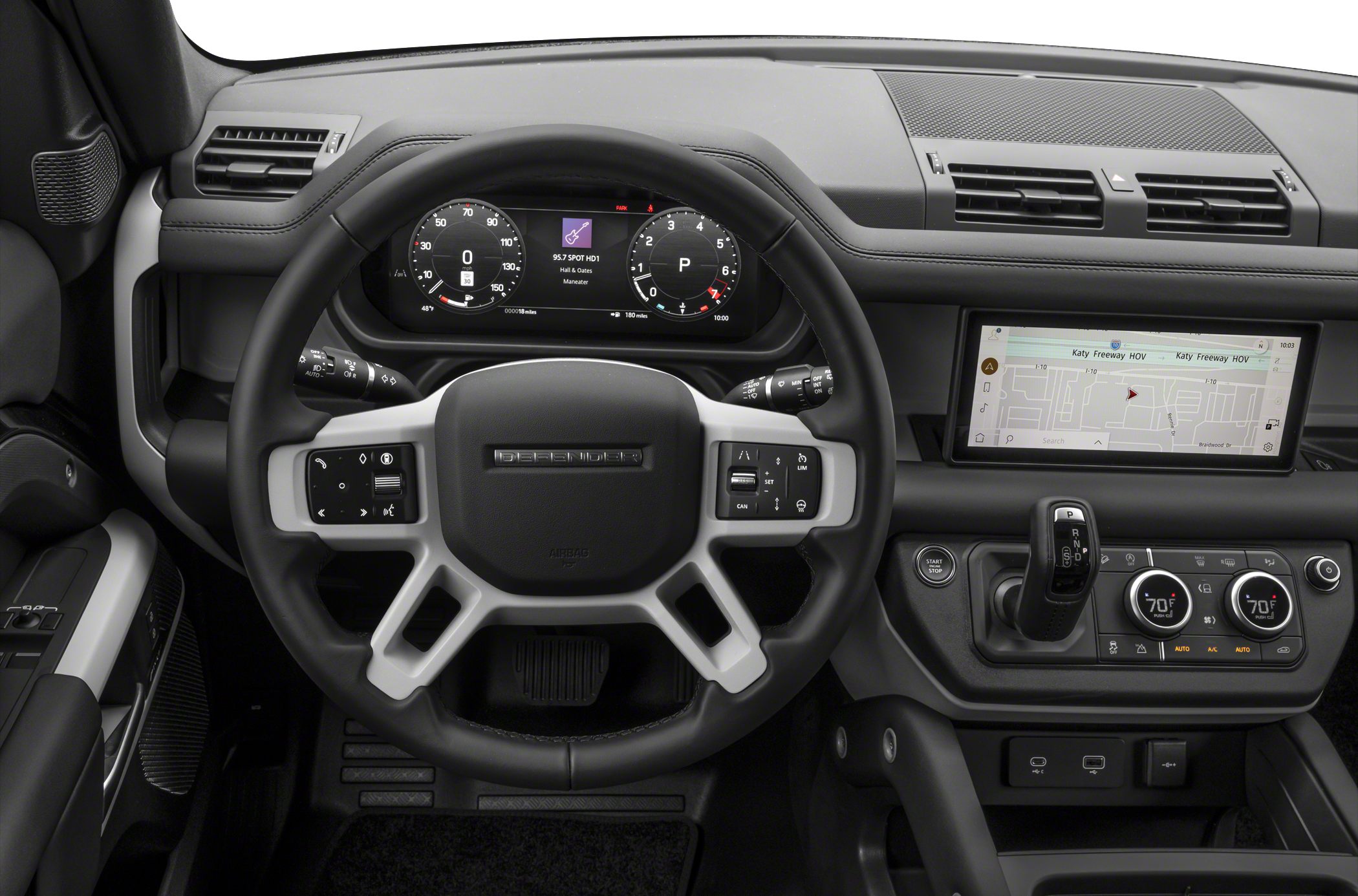 Digital dashboard and steering wheel in rugged SUV interior