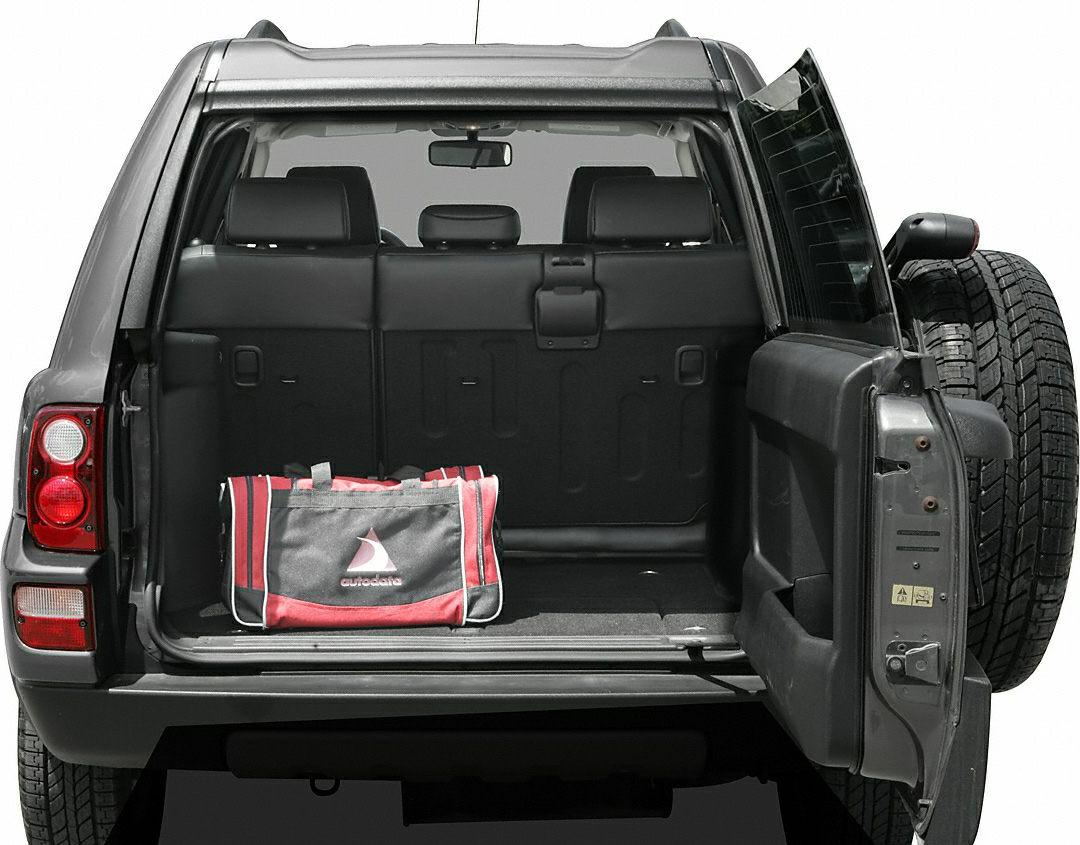 Open rear cargo space with spare tire mounted on rear door