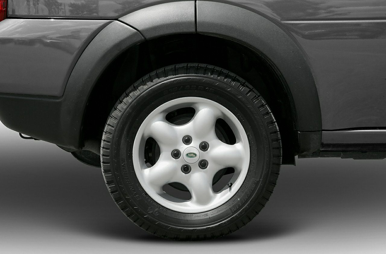 Close-up of five-spoke alloy wheel with Land Rover badge
