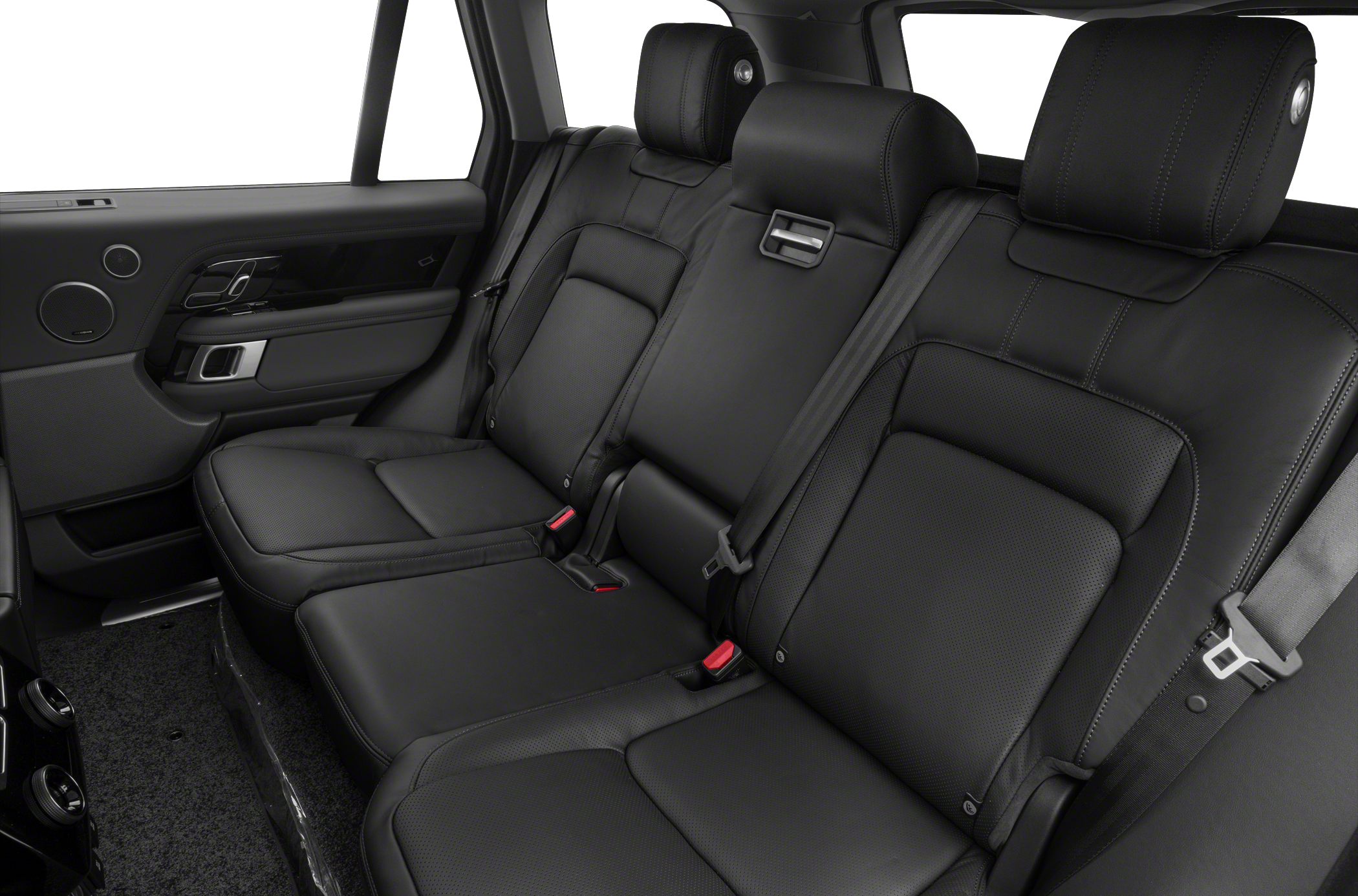 Black leather rear passenger seats with adjustable headrests and door panel