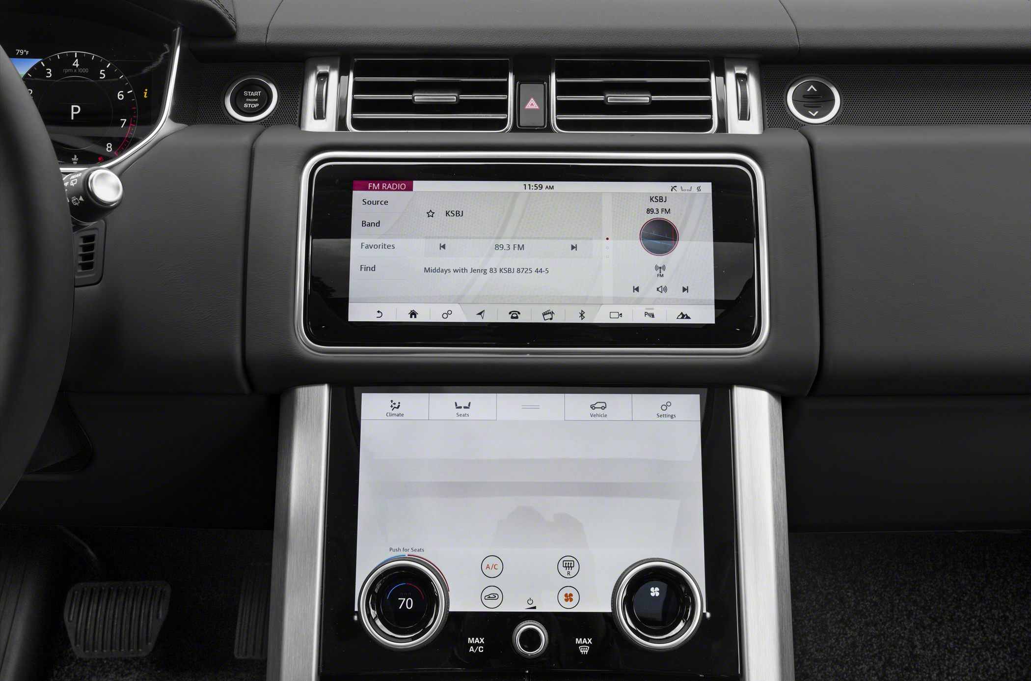 Touchscreen infotainment and climate control panel with dual dials and vents
