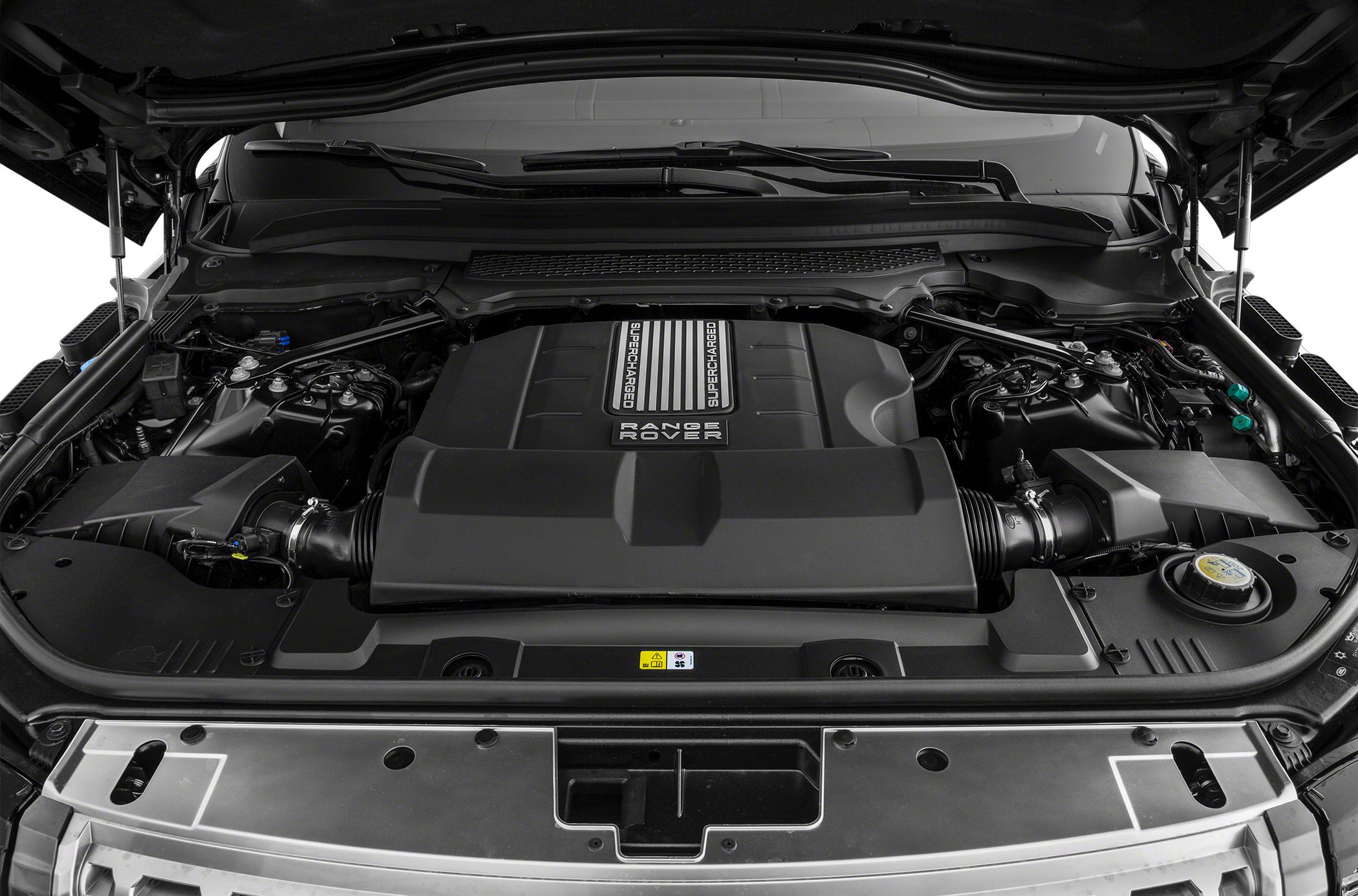 Supercharged engine bay with prominent cover and Range Rover branding