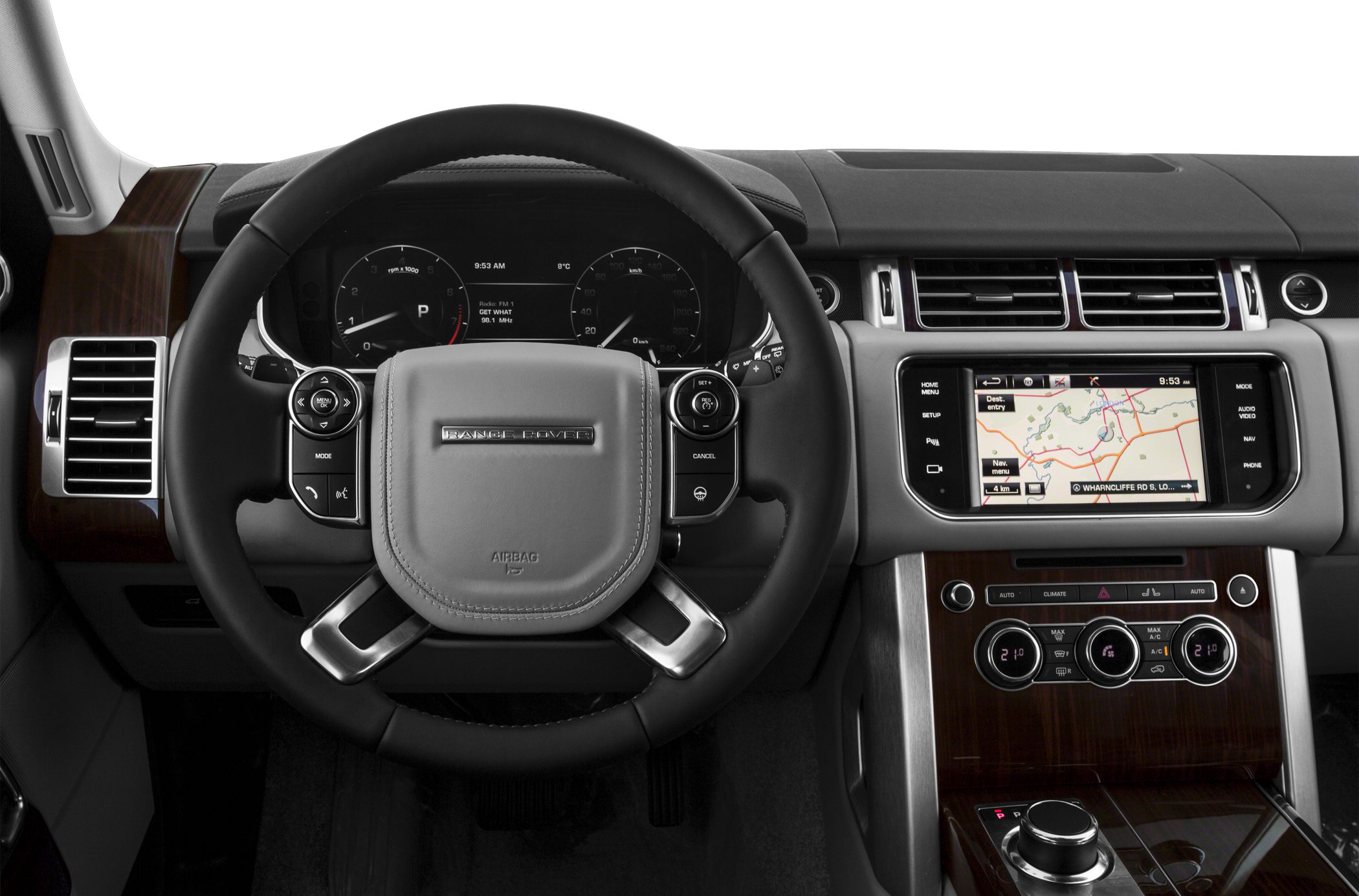 Luxurious steering wheel and advanced dashboard with navigation system and climate controls