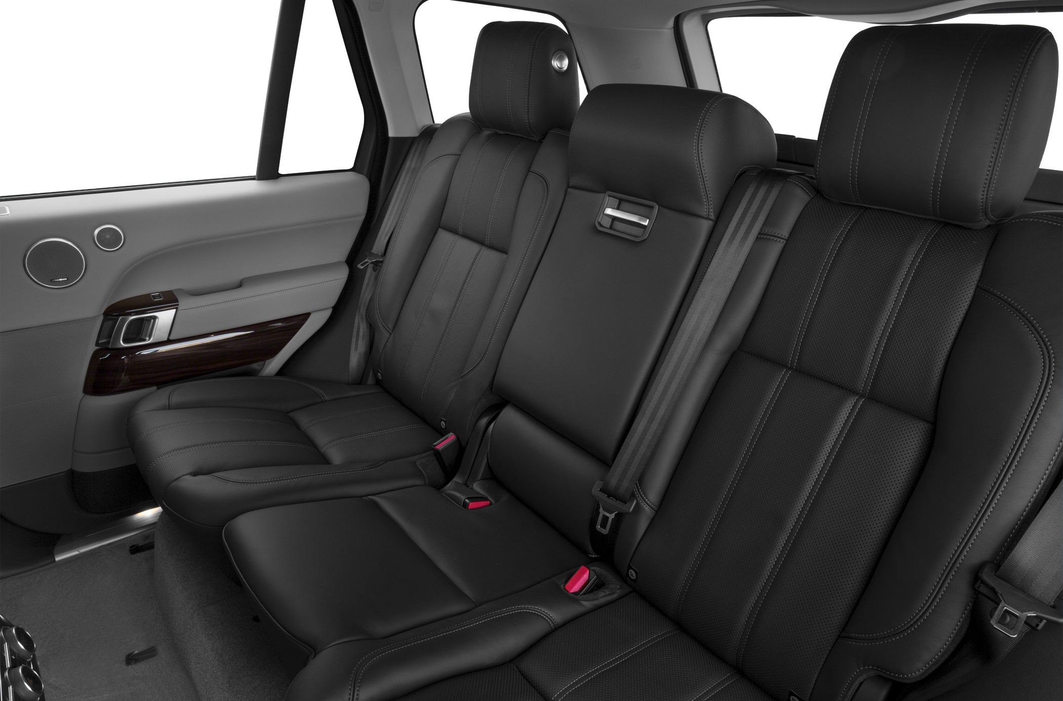 Black leather rear seats with premium stitching and wood trim door panel