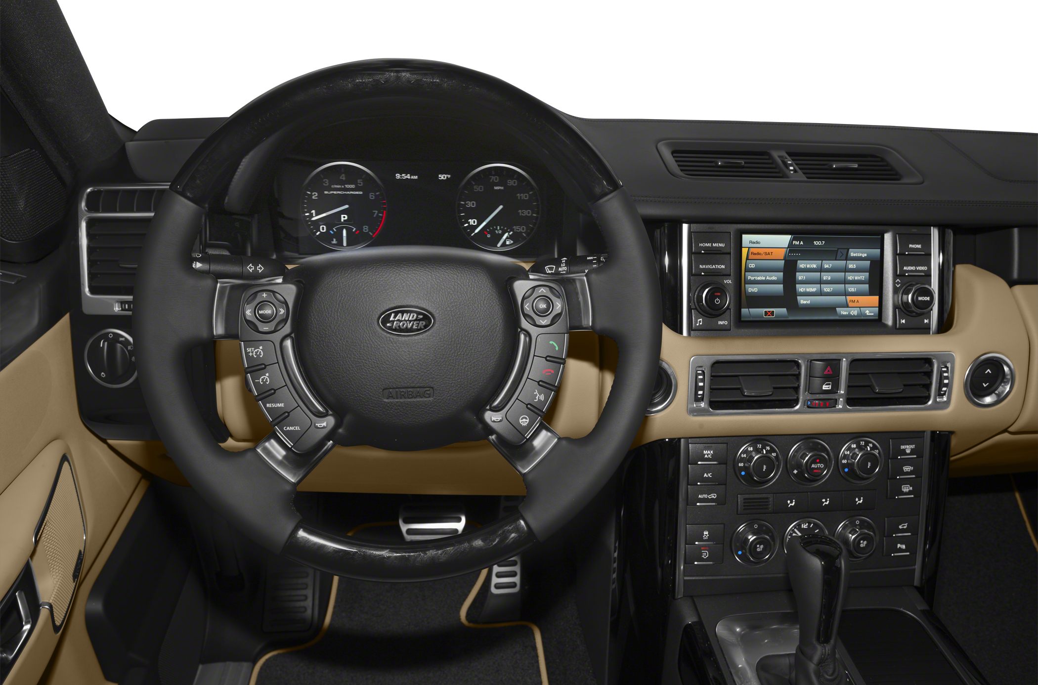 Luxury steering wheel and detailed dashboard with infotainment and climate controls