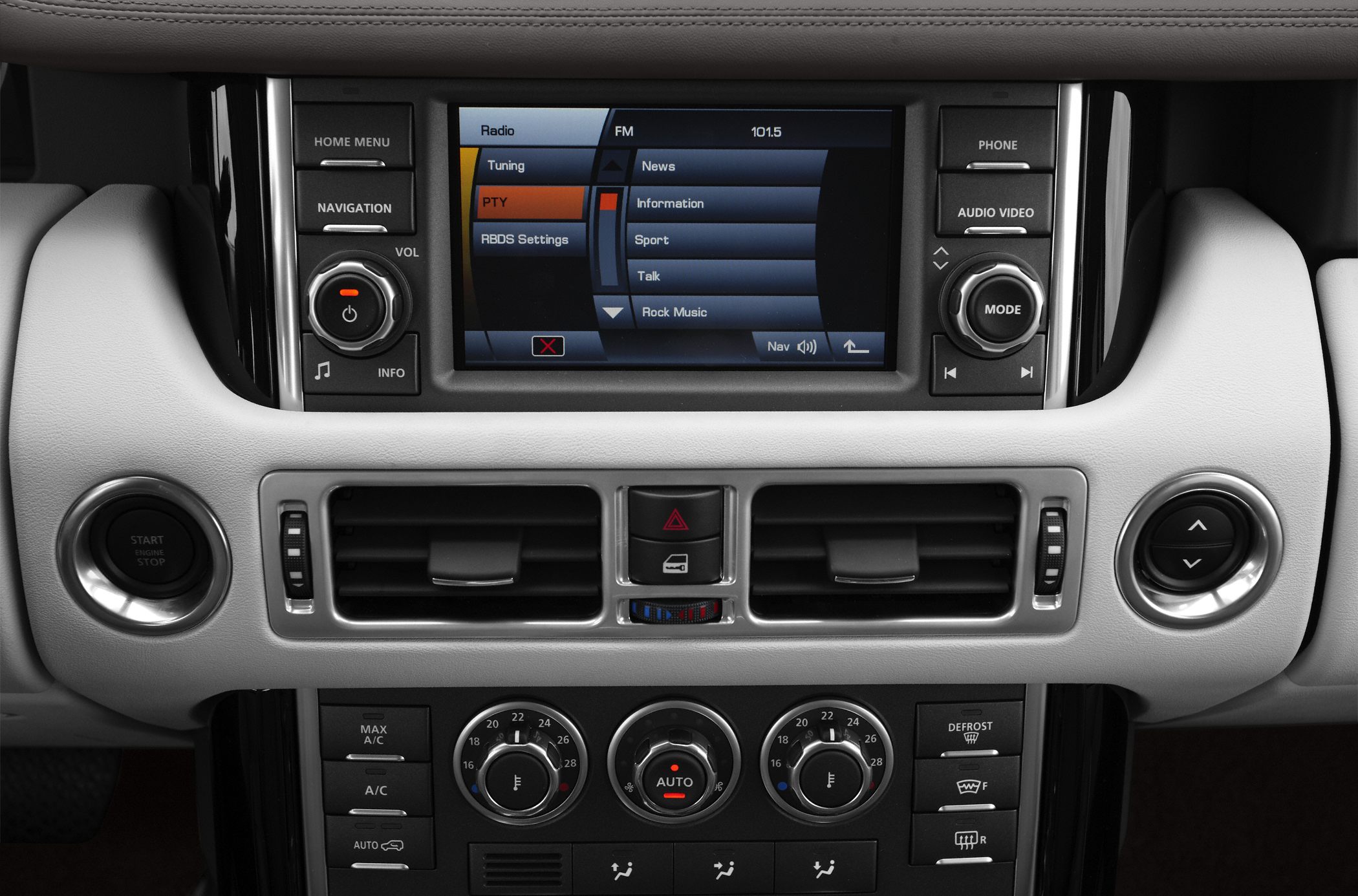 Infotainment screen and dual-zone climate control panel with push start button