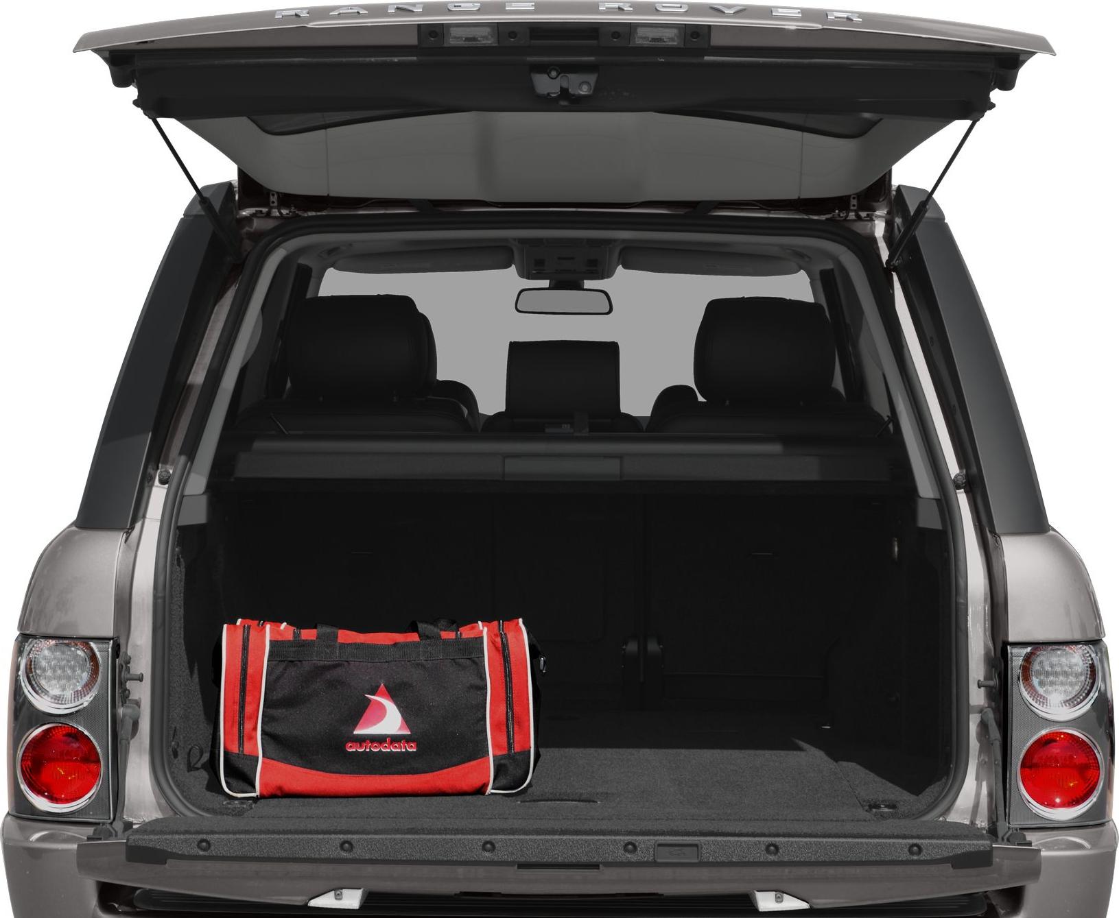 Open rear tailgate with spacious cargo area and a duffle bag