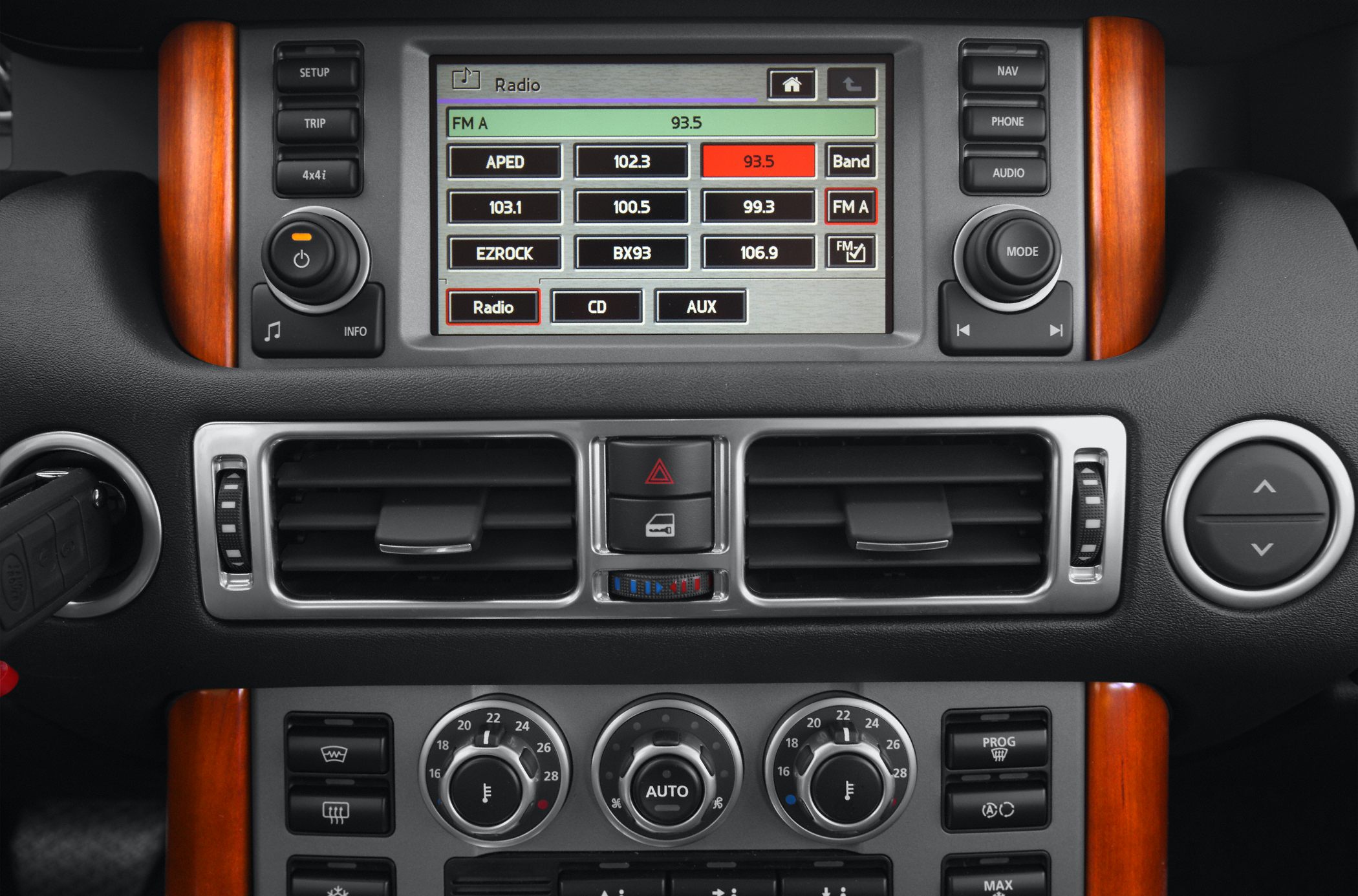 Infotainment screen and climate control panel with wood trim