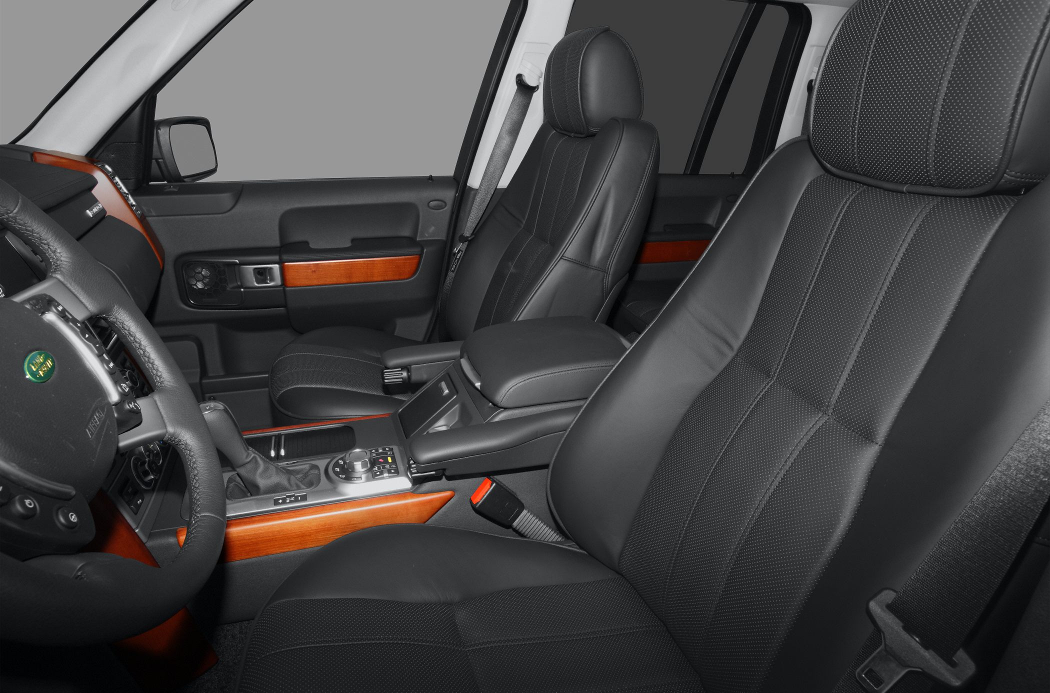 Black leather seats with wood trim interior