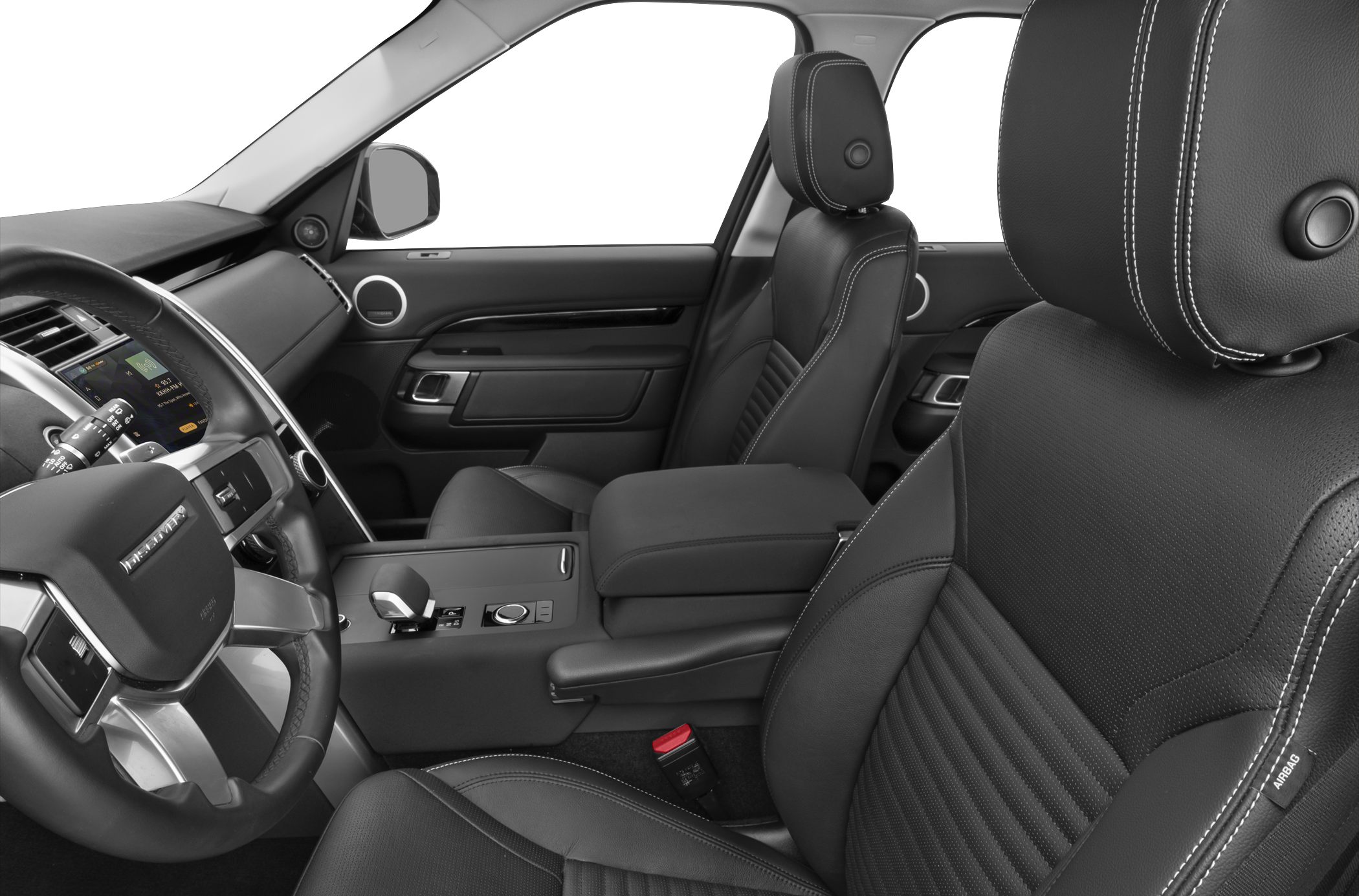 Black leather front seats and modern dashboard interior