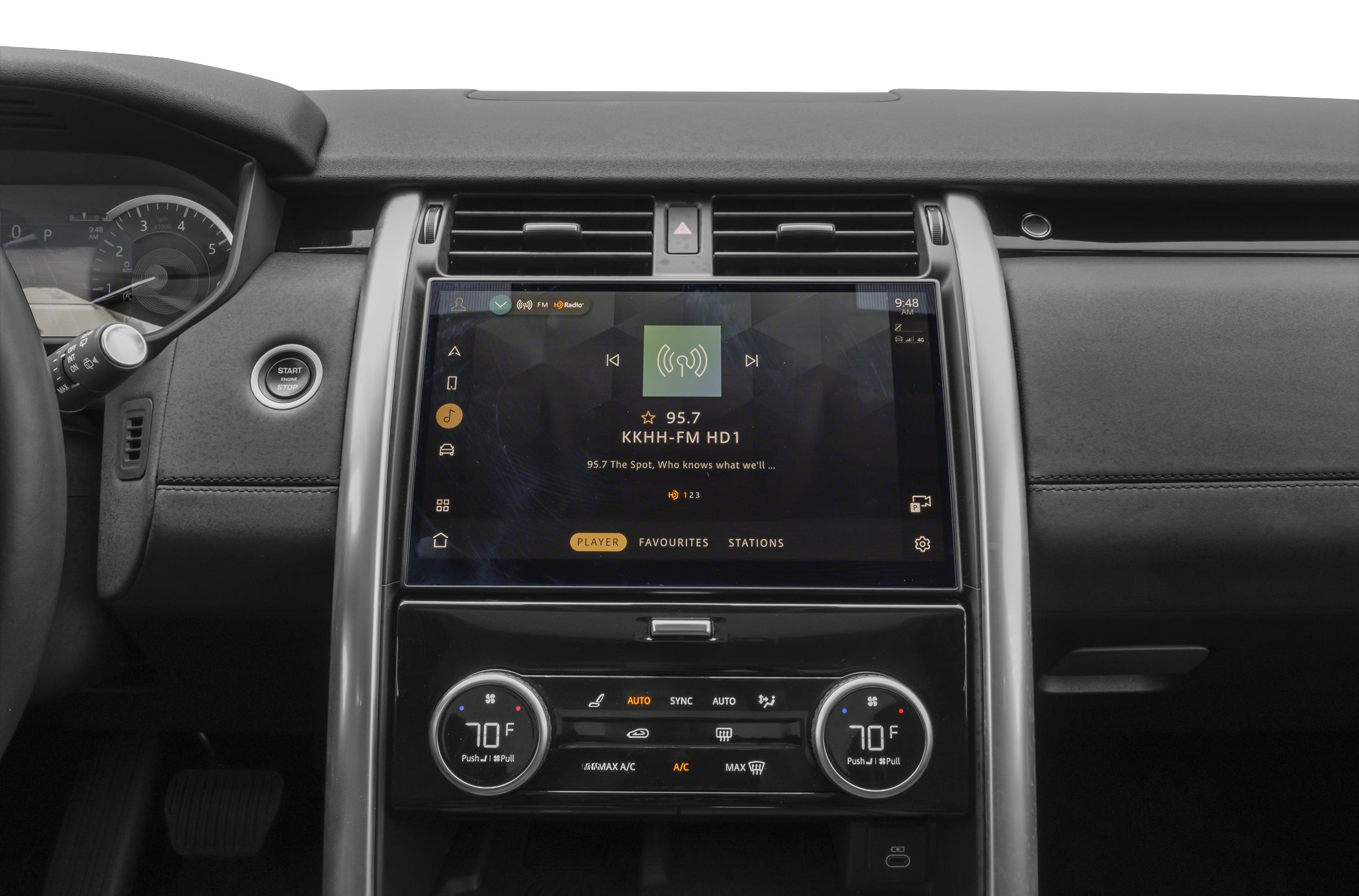 Digital touchscreen infotainment and dual-zone climate controls with temperature dials