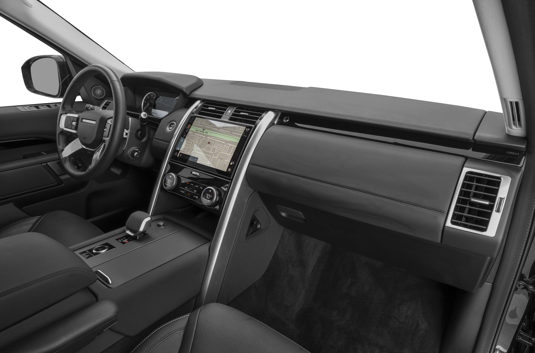 Modern SUV interior with touchscreen navigation and dual-zone climate control