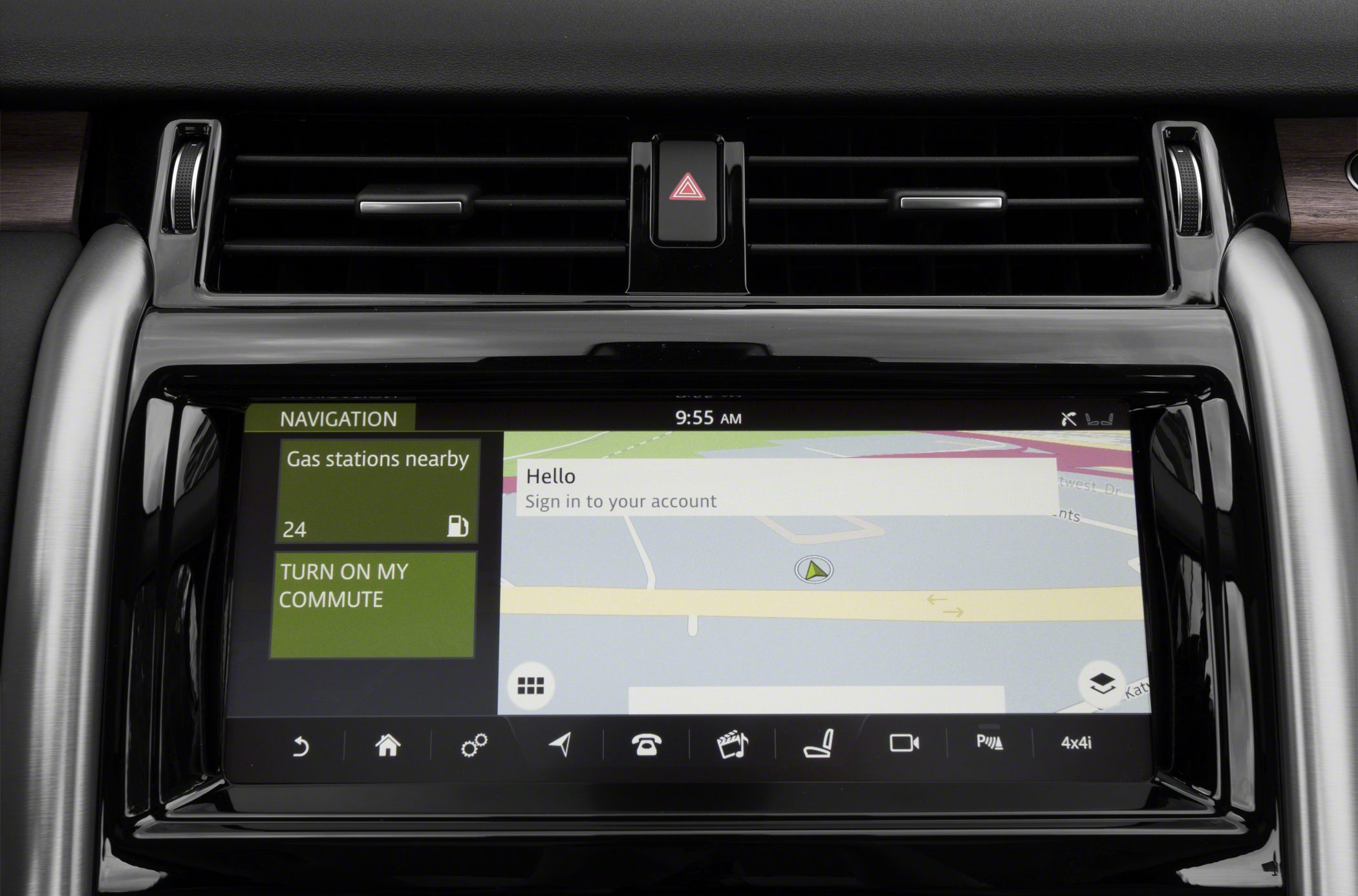 In-car touchscreen navigation system showing map and gas stations nearby