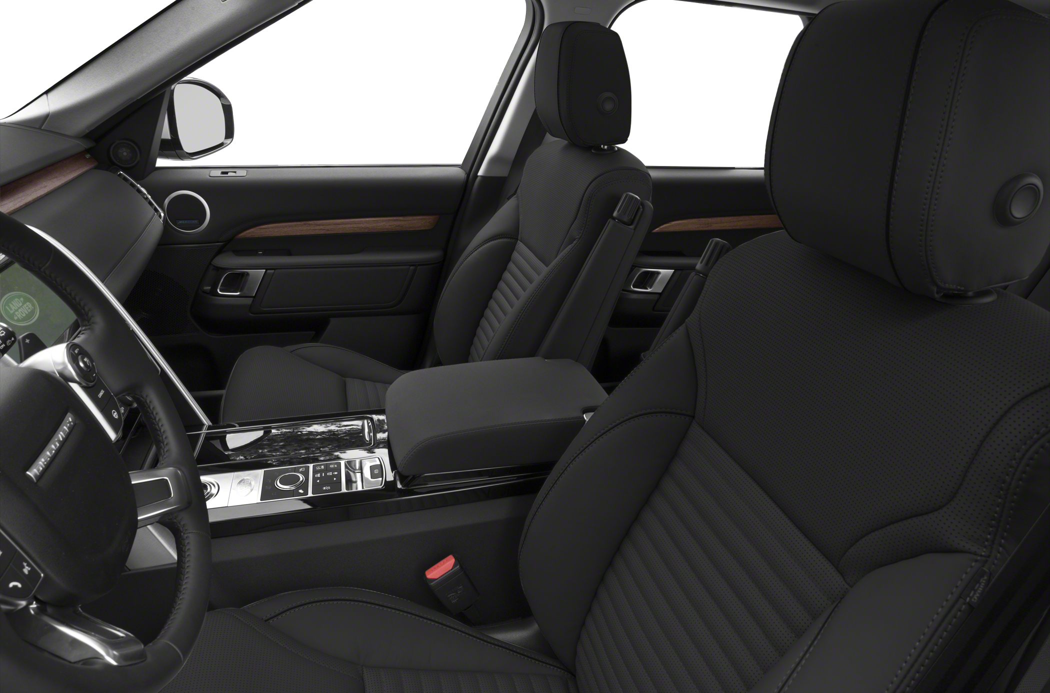 Luxury front seat interior and center console with detailed upholstery