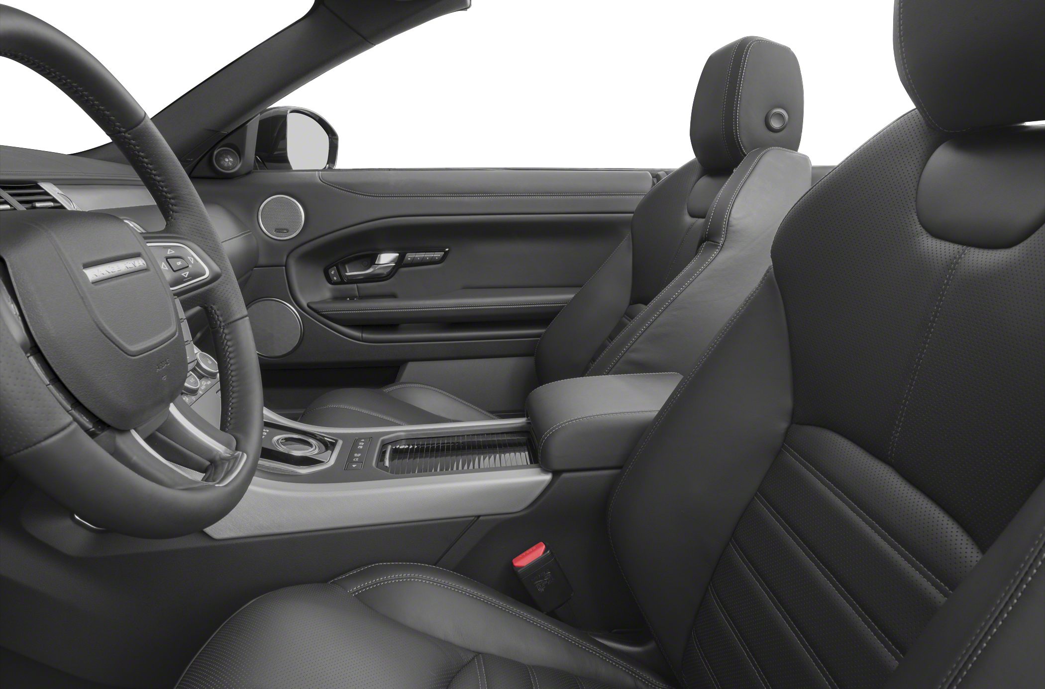 Black leather seats and detailed steering wheel with modern controls