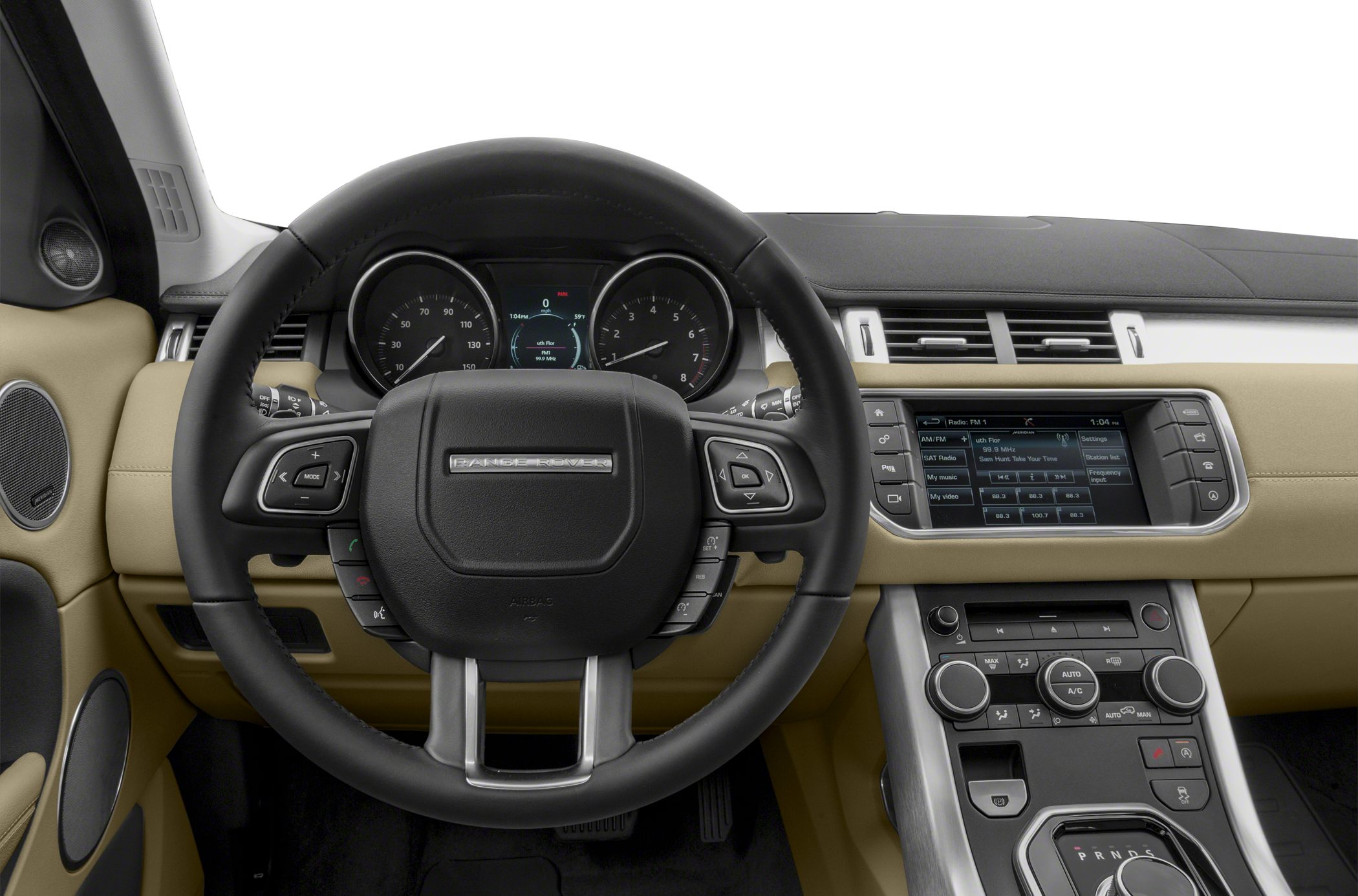 Steering wheel and dashboard with infotainment and climate controls.