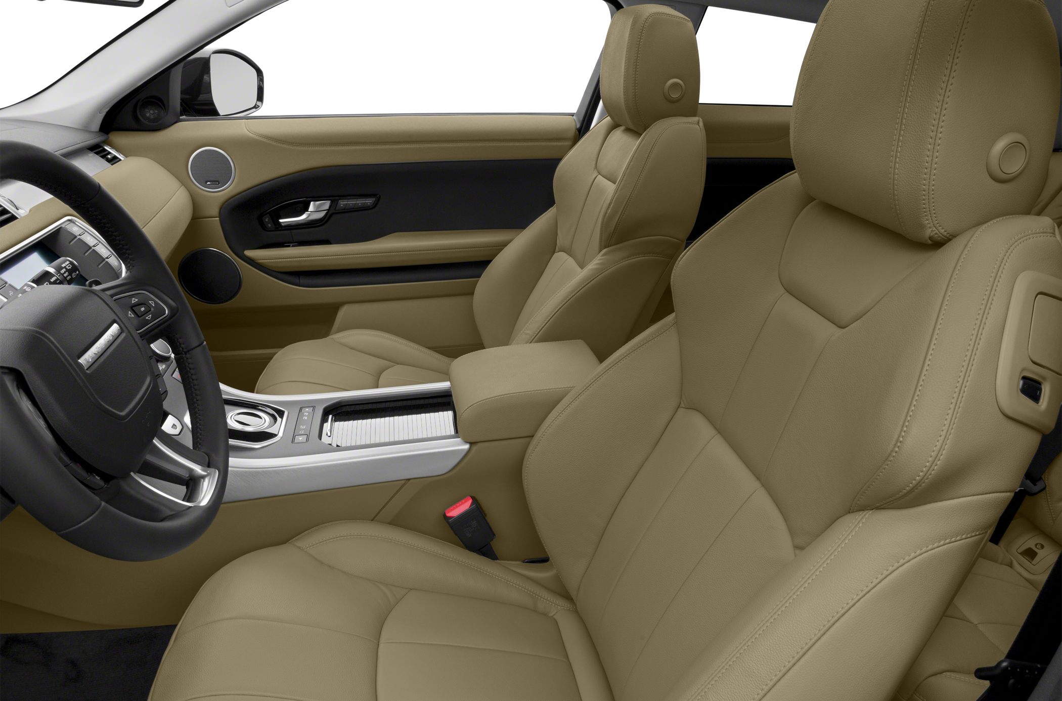 Beige leather front seats with modern center console and steering wheel.