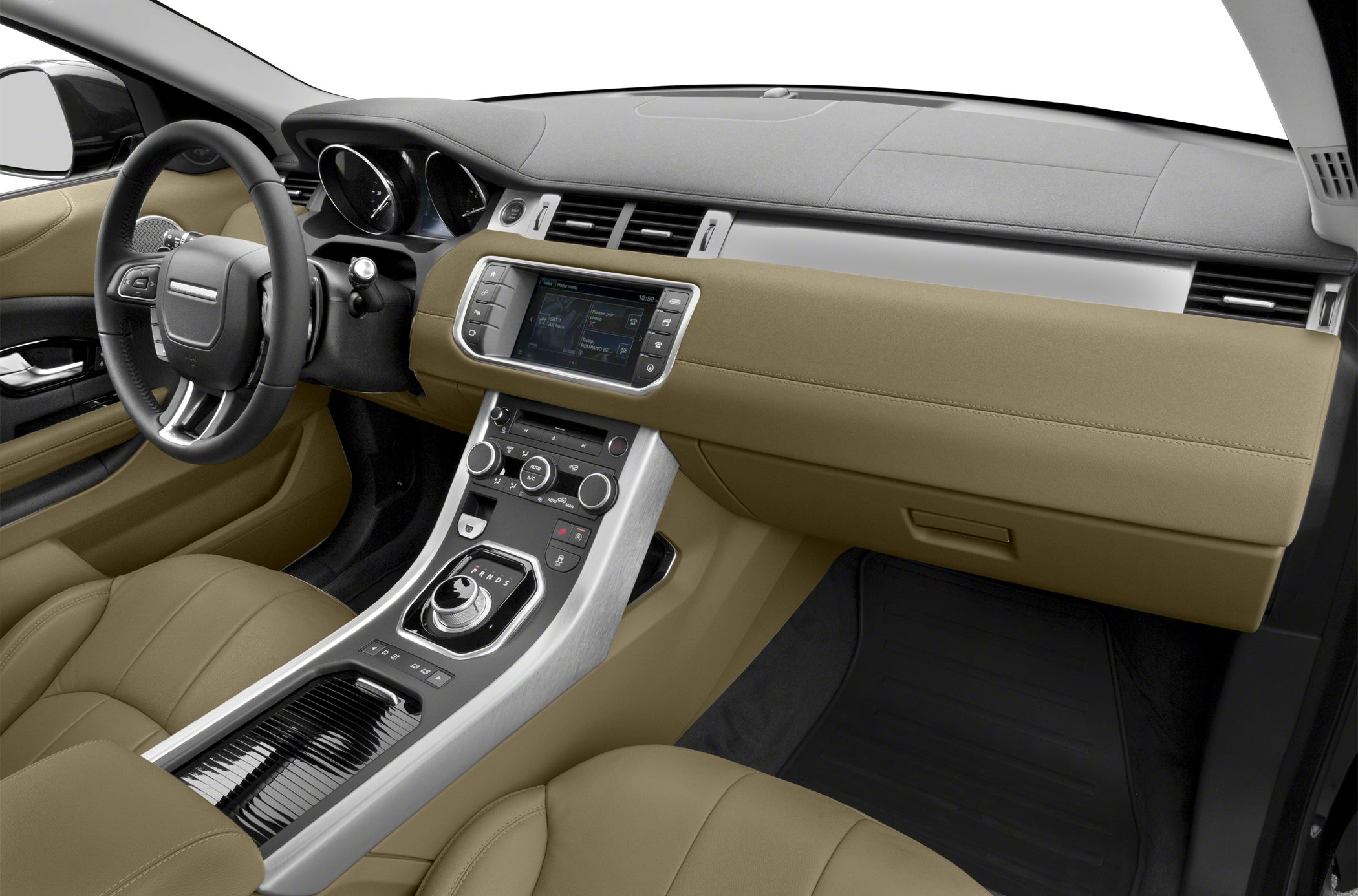 Interior dashboard and center console with touchscreen and rotary gear selector