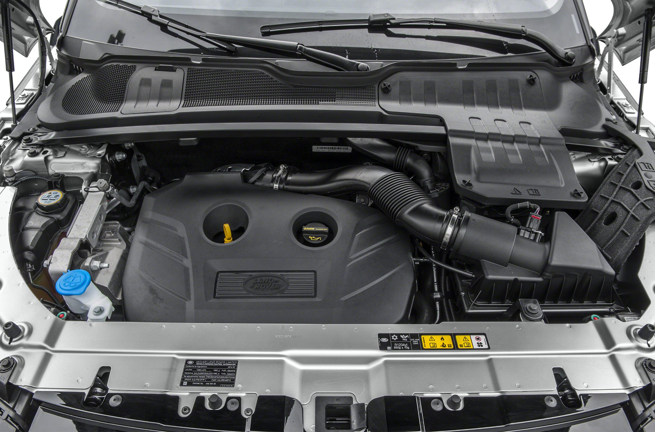 Engine bay with plastic engine cover and air intake assembly