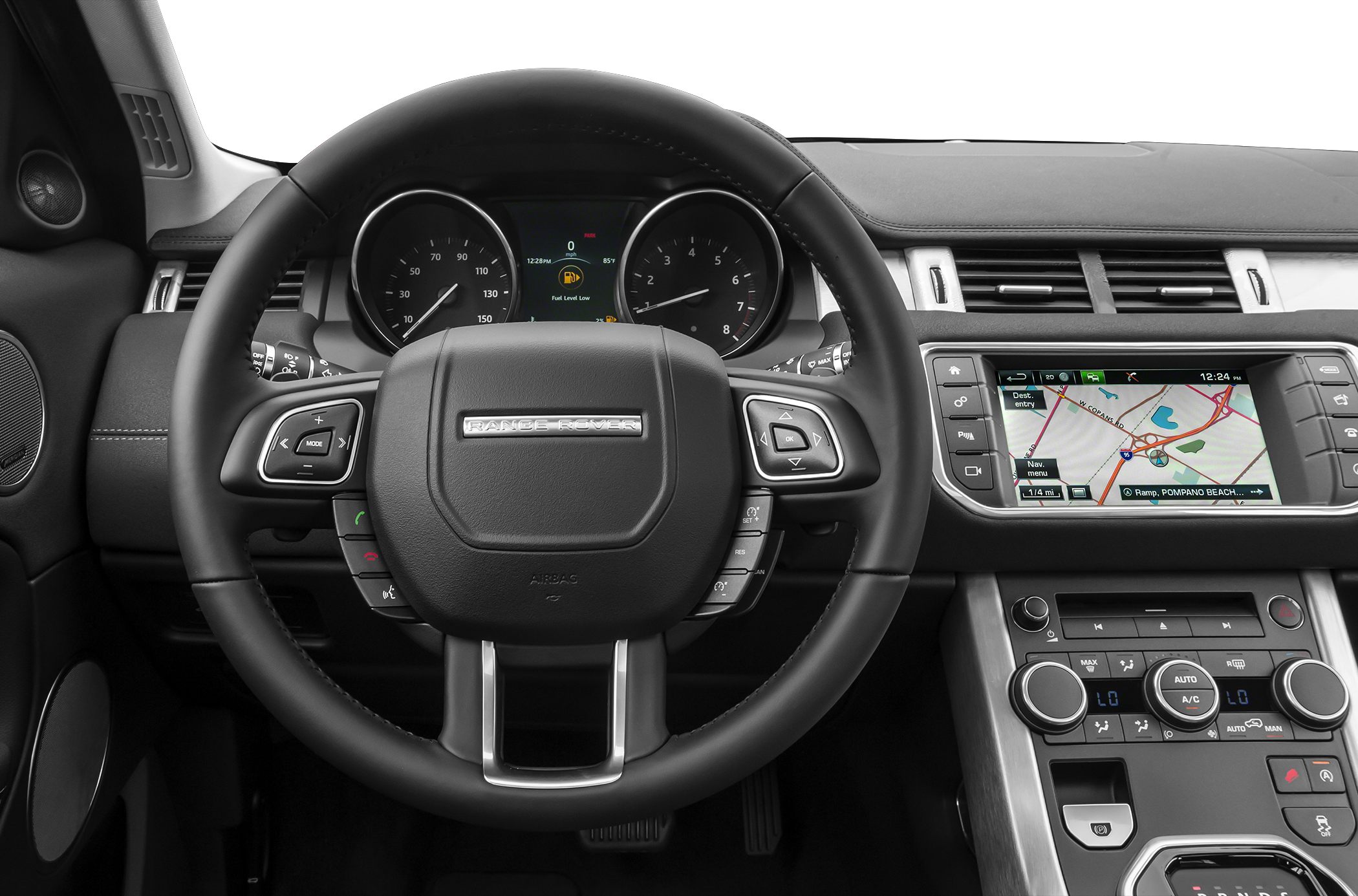 Steering wheel with integrated controls and digital instrument cluster with infotainment navigation screen