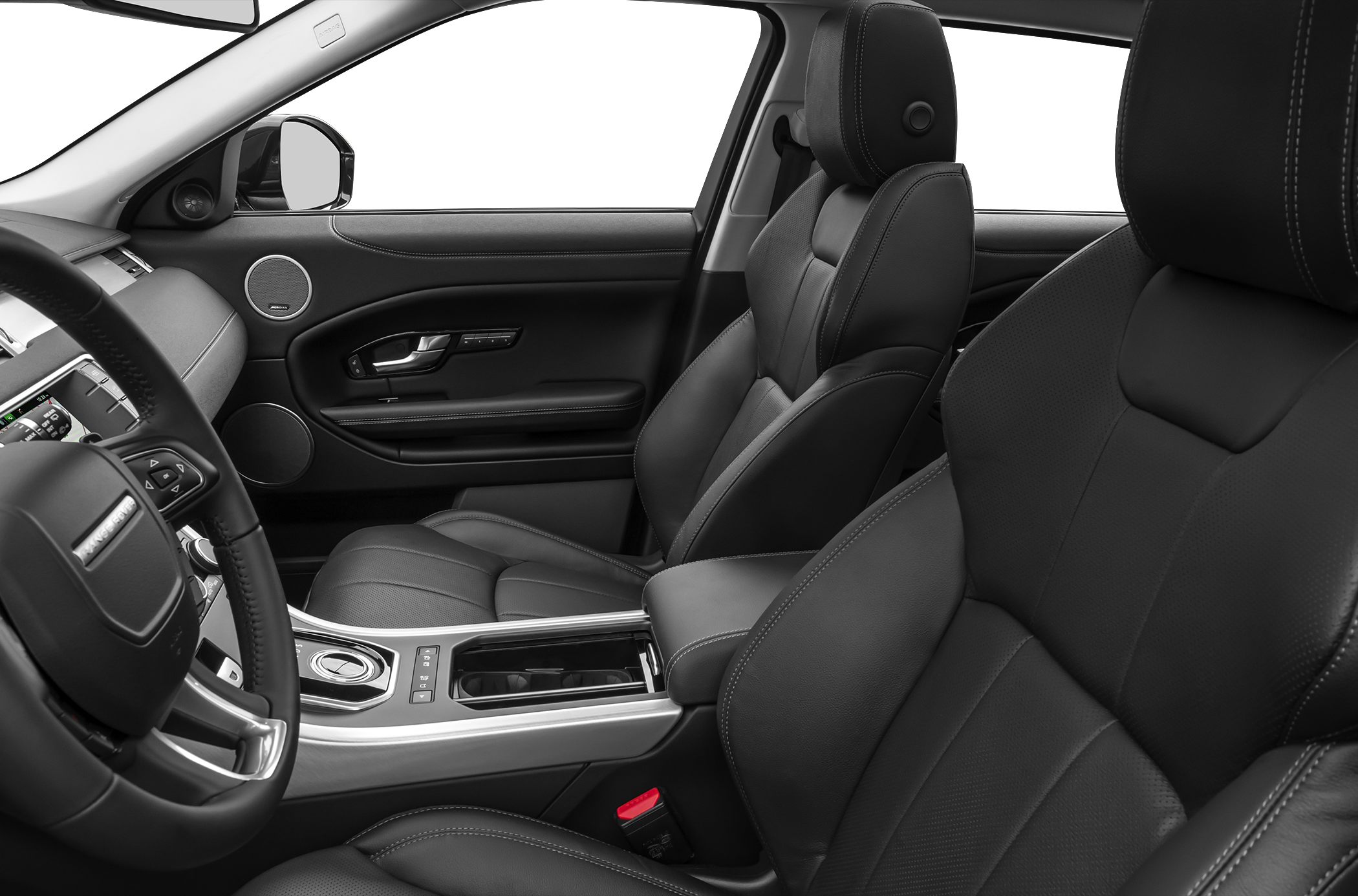 Black leather seats with detailed stitching and modern center console