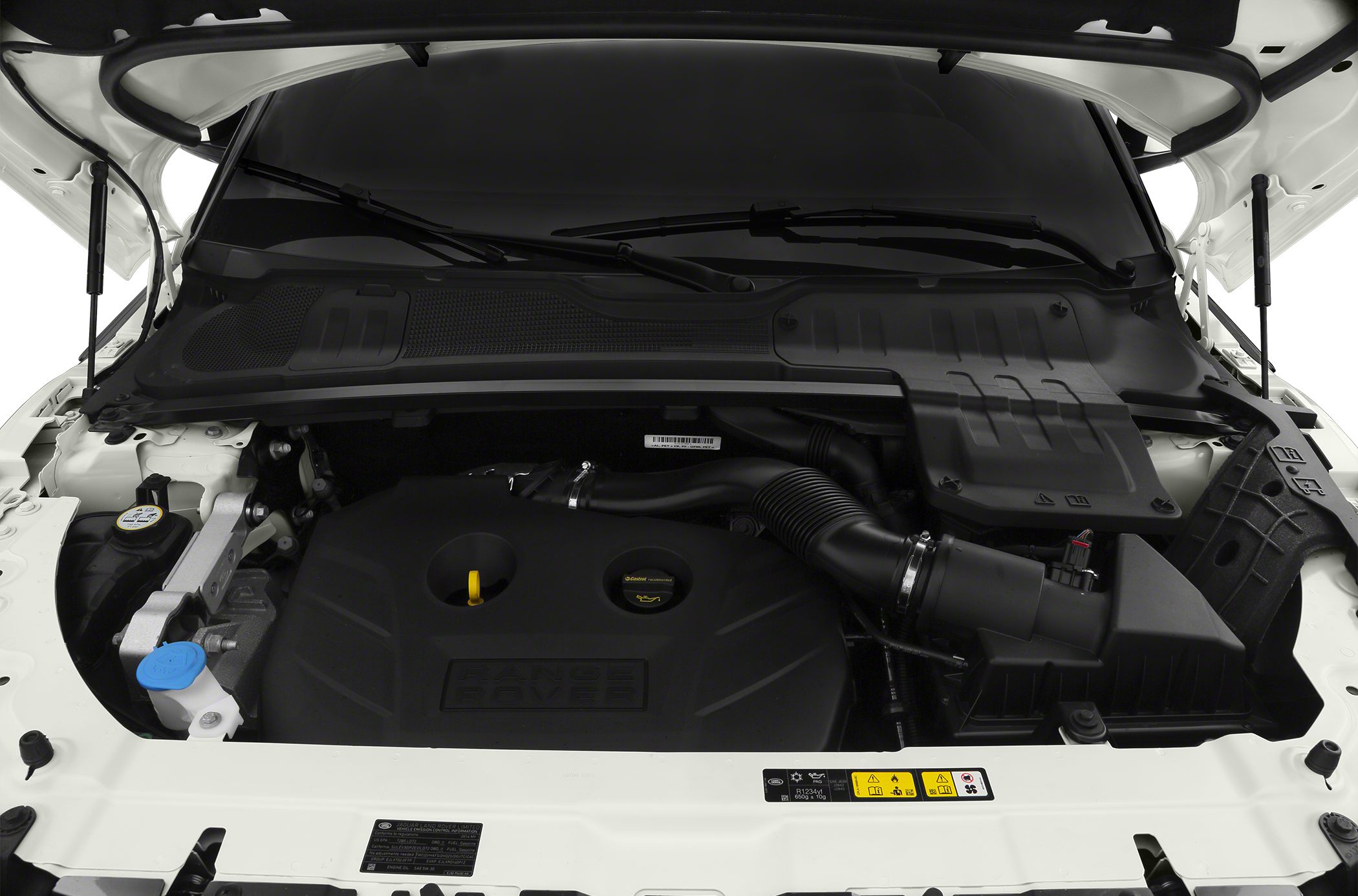 Engine bay with detailed layout of Range Rover Evoque I coupe