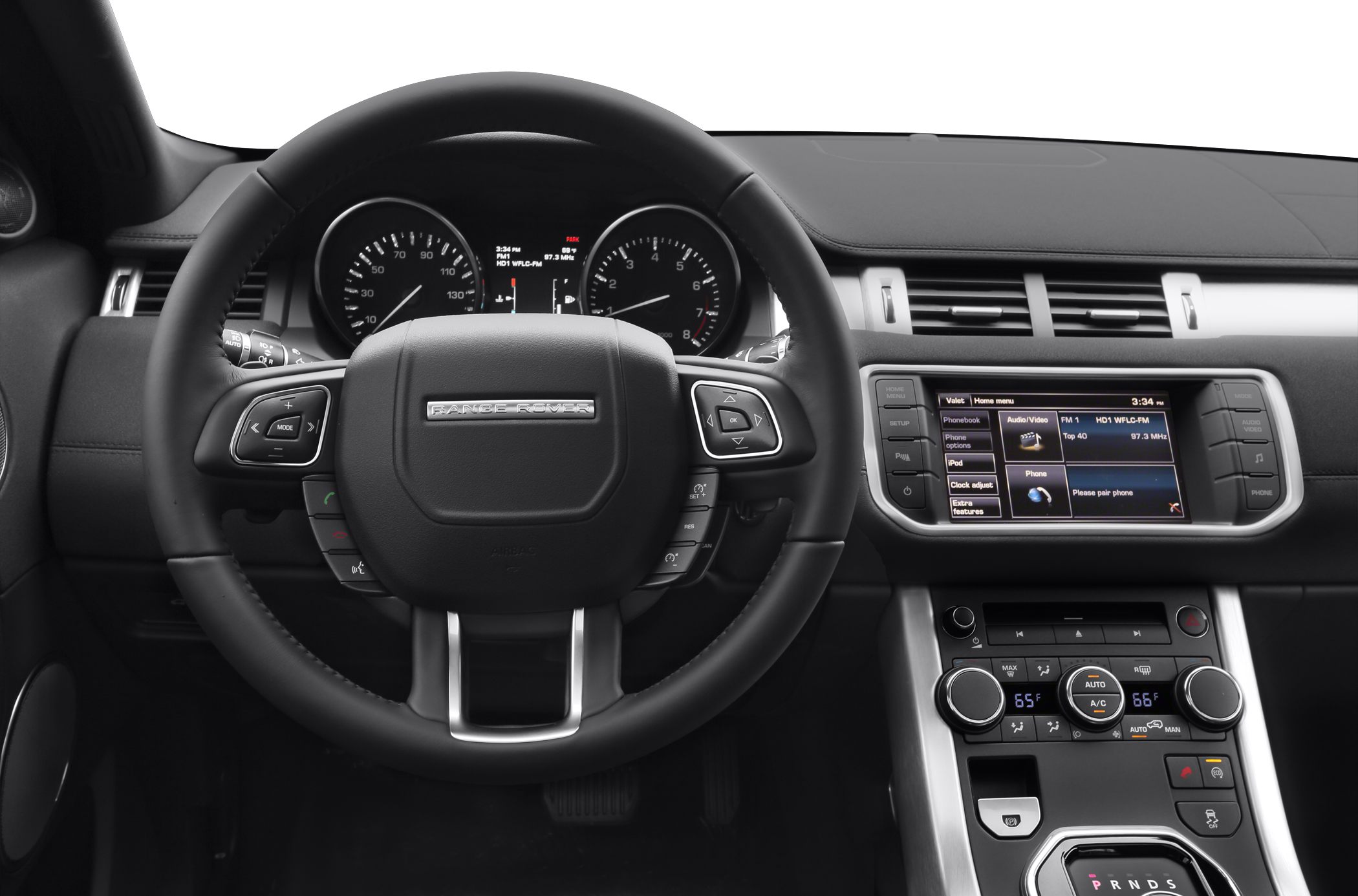 Steering wheel, instrument cluster, and infotainment system in modern vehicle interior