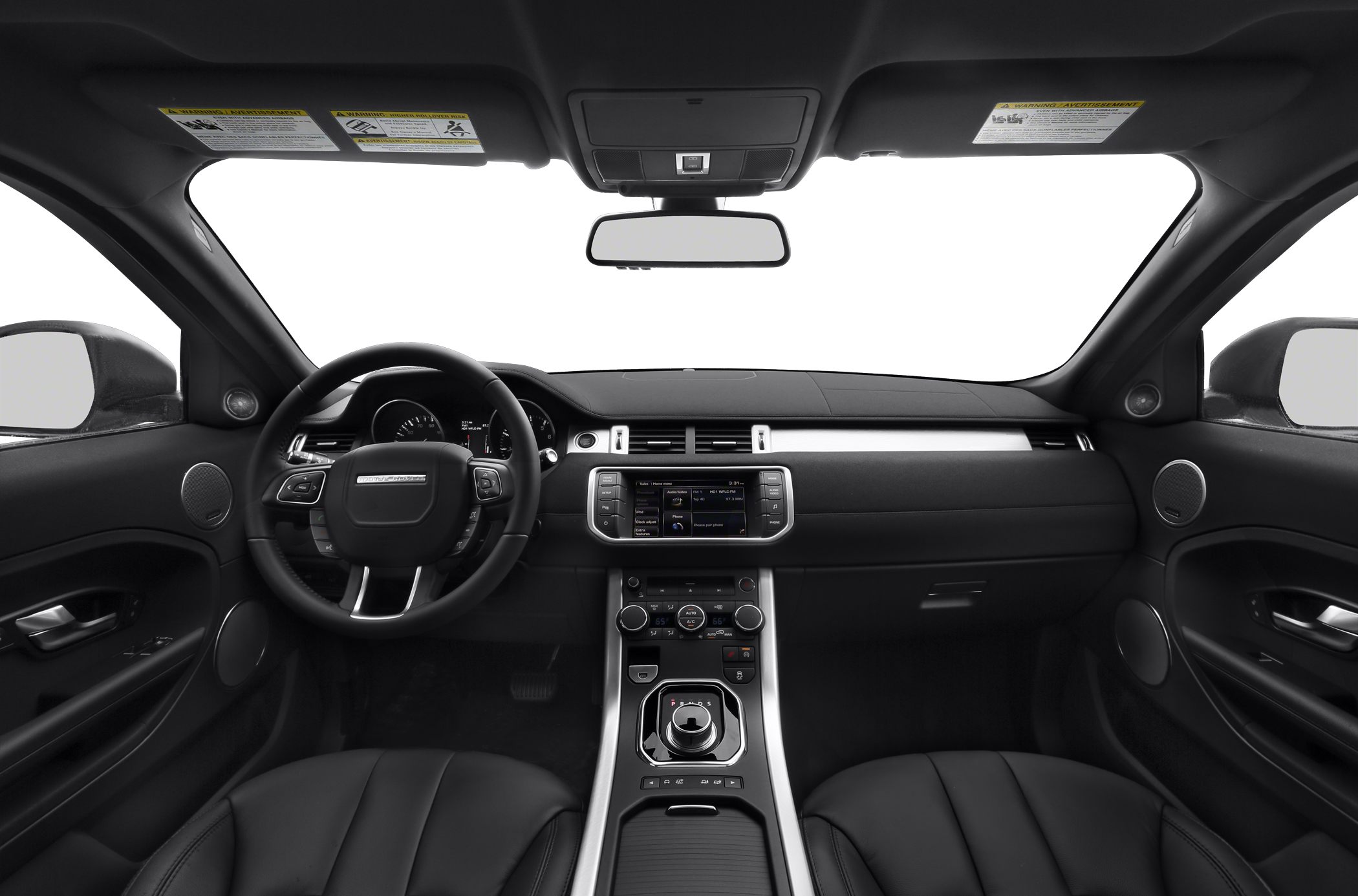 Car interior with dashboard, steering wheel, center console
