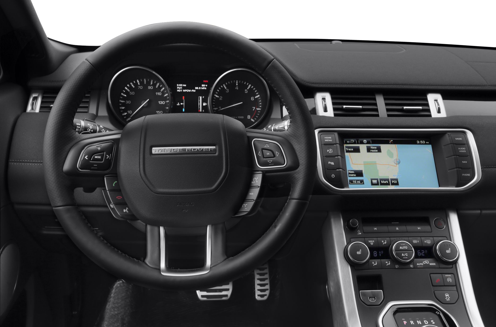 Steering wheel, instrument cluster, and infotainment screen on SUV dashboard