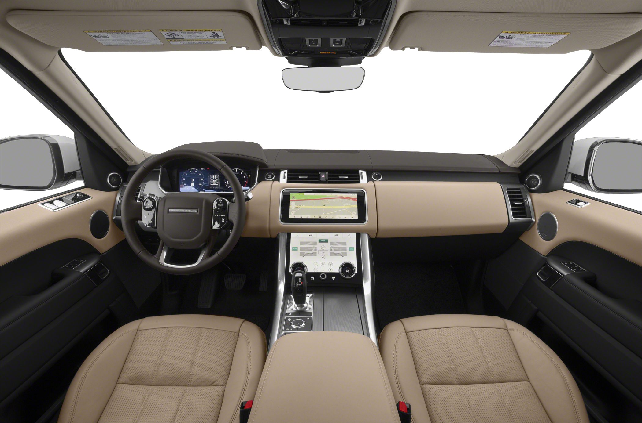 Two-tone beige and black dashboard with dual digital screens and touchscreen center console
