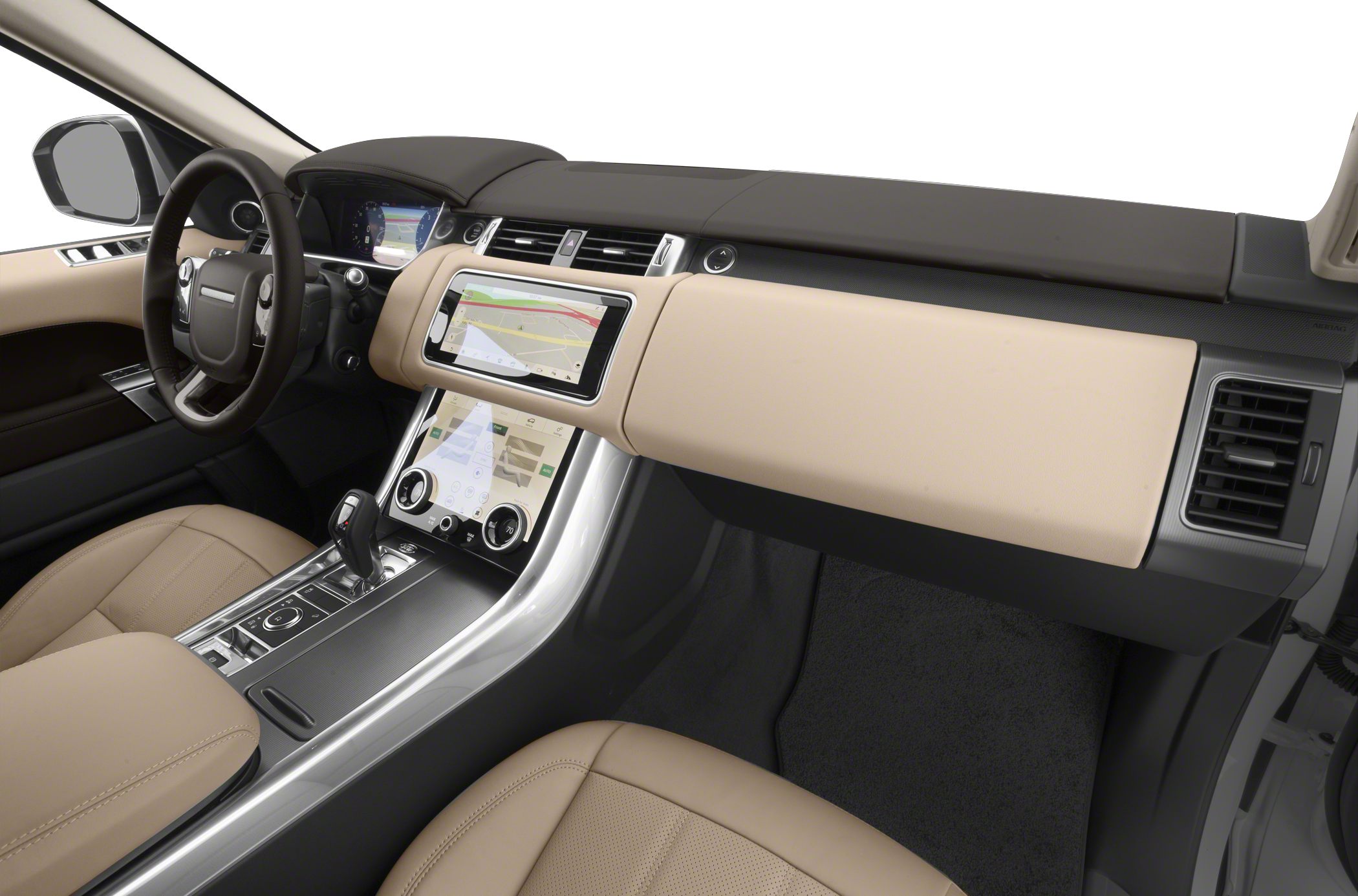 Luxury SUV interior with dual touchscreen displays and premium beige upholstery.
