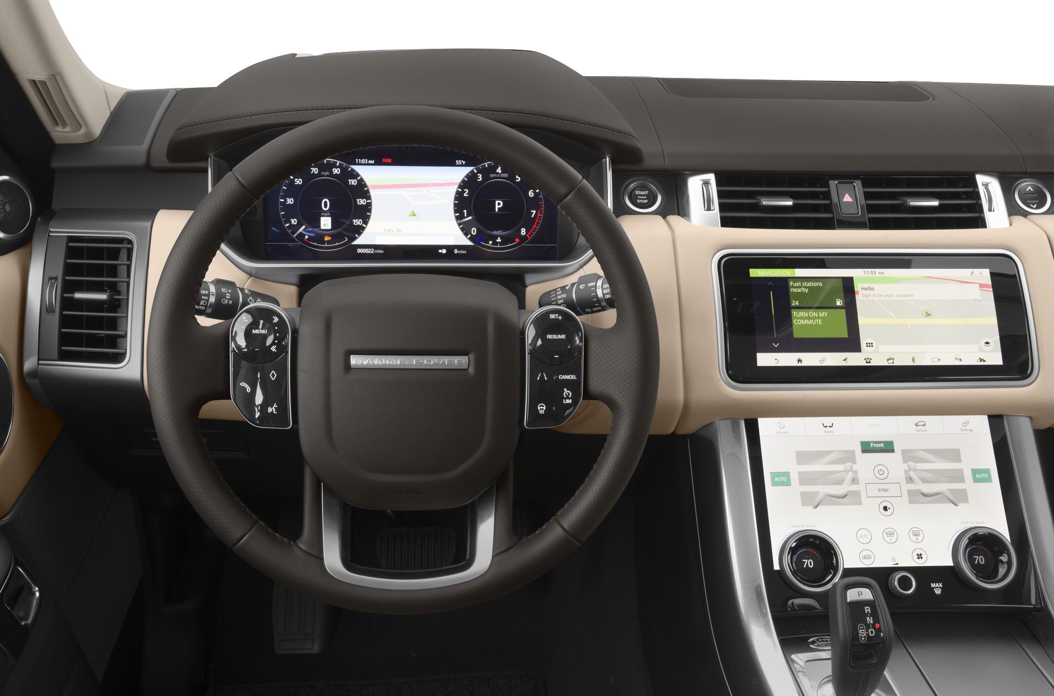 Modern digital dashboard, touchscreen infotainment, steering wheel controls