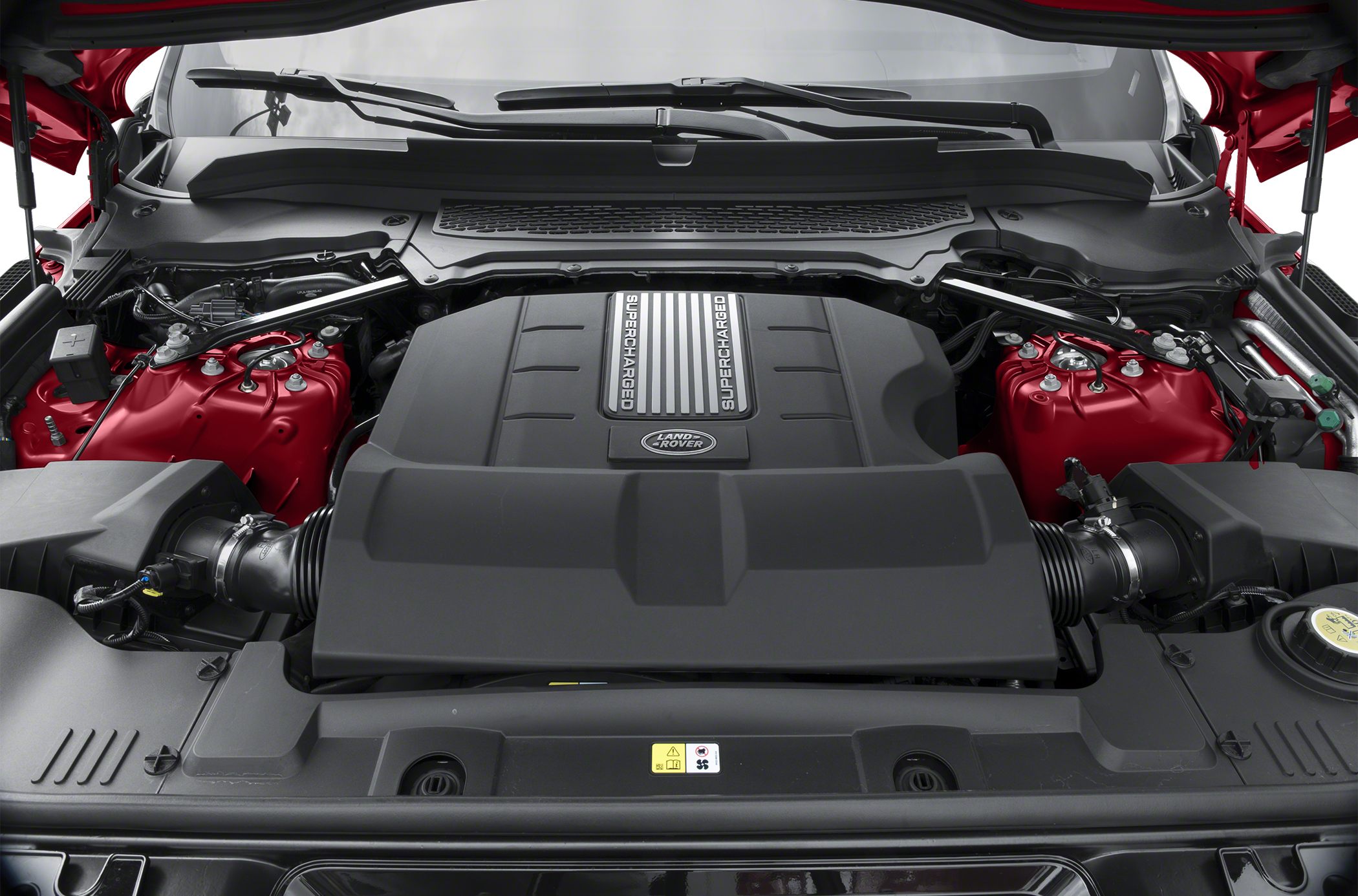 Supercharged engine bay with sleek engine cover and structural braces