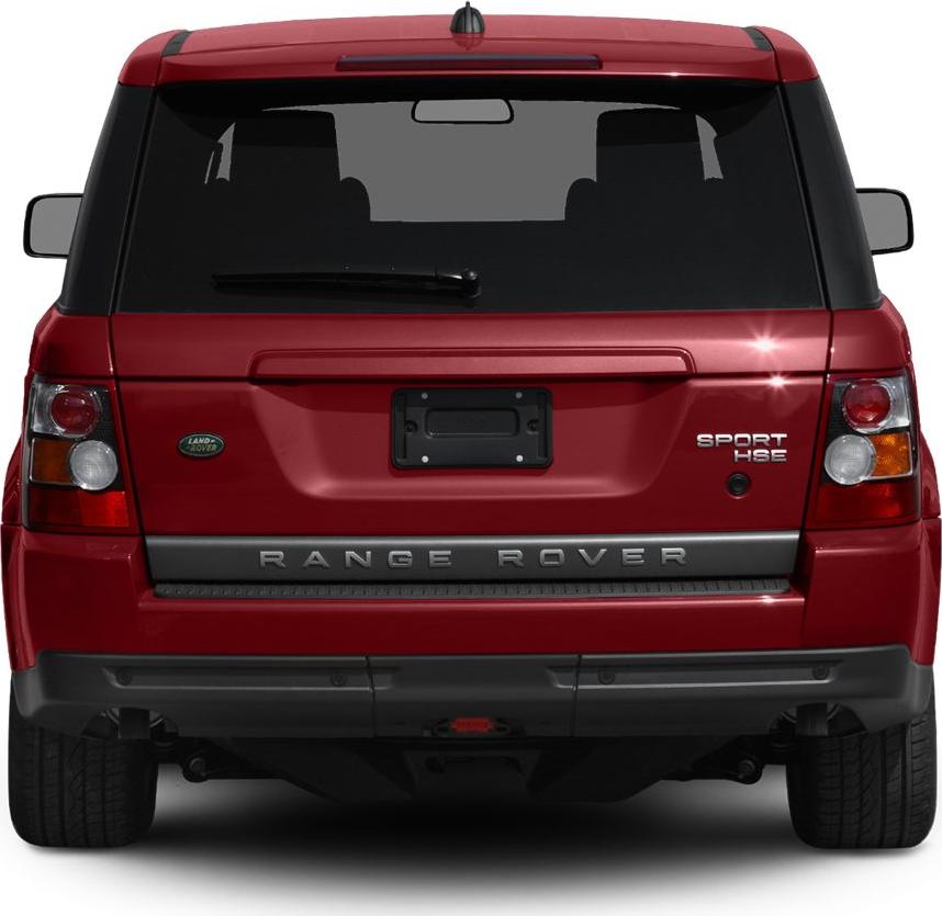 Rear view of red SUV with distinct tail lights and Range Rover badging