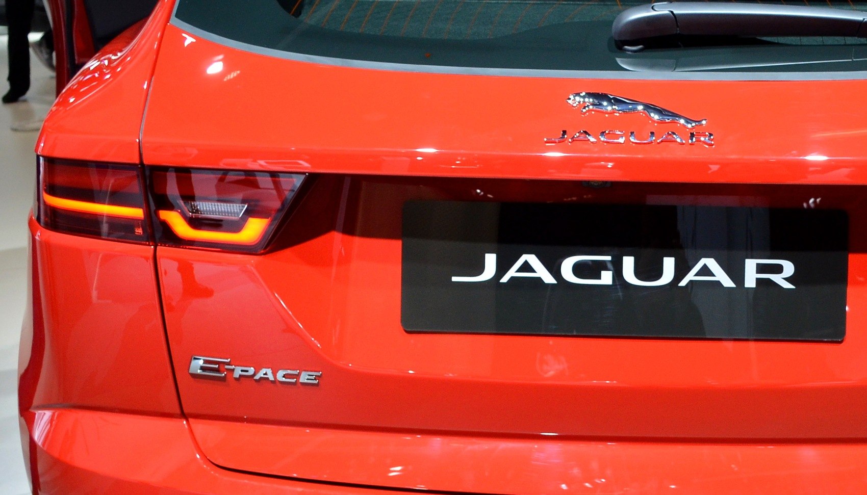 Rear view of a vehicle with illuminated tail light and brand and model badges
