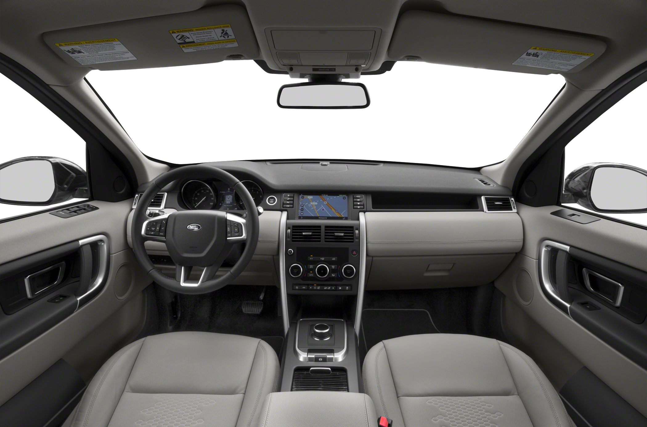 Interior dashboard, steering wheel, and navigation system view