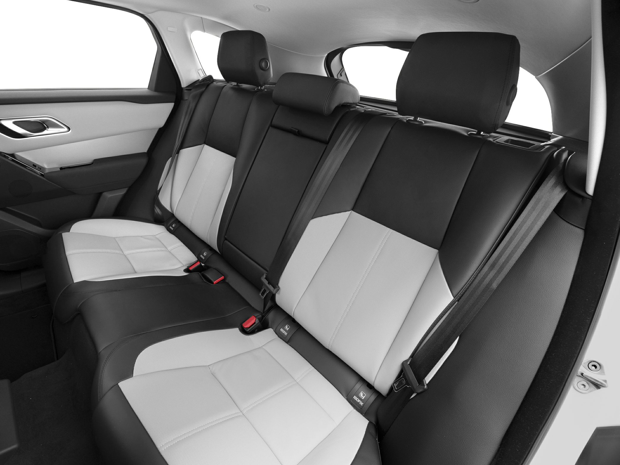 Two-tone leather rear seats with headrests and seatbelts in luxury SUV interior