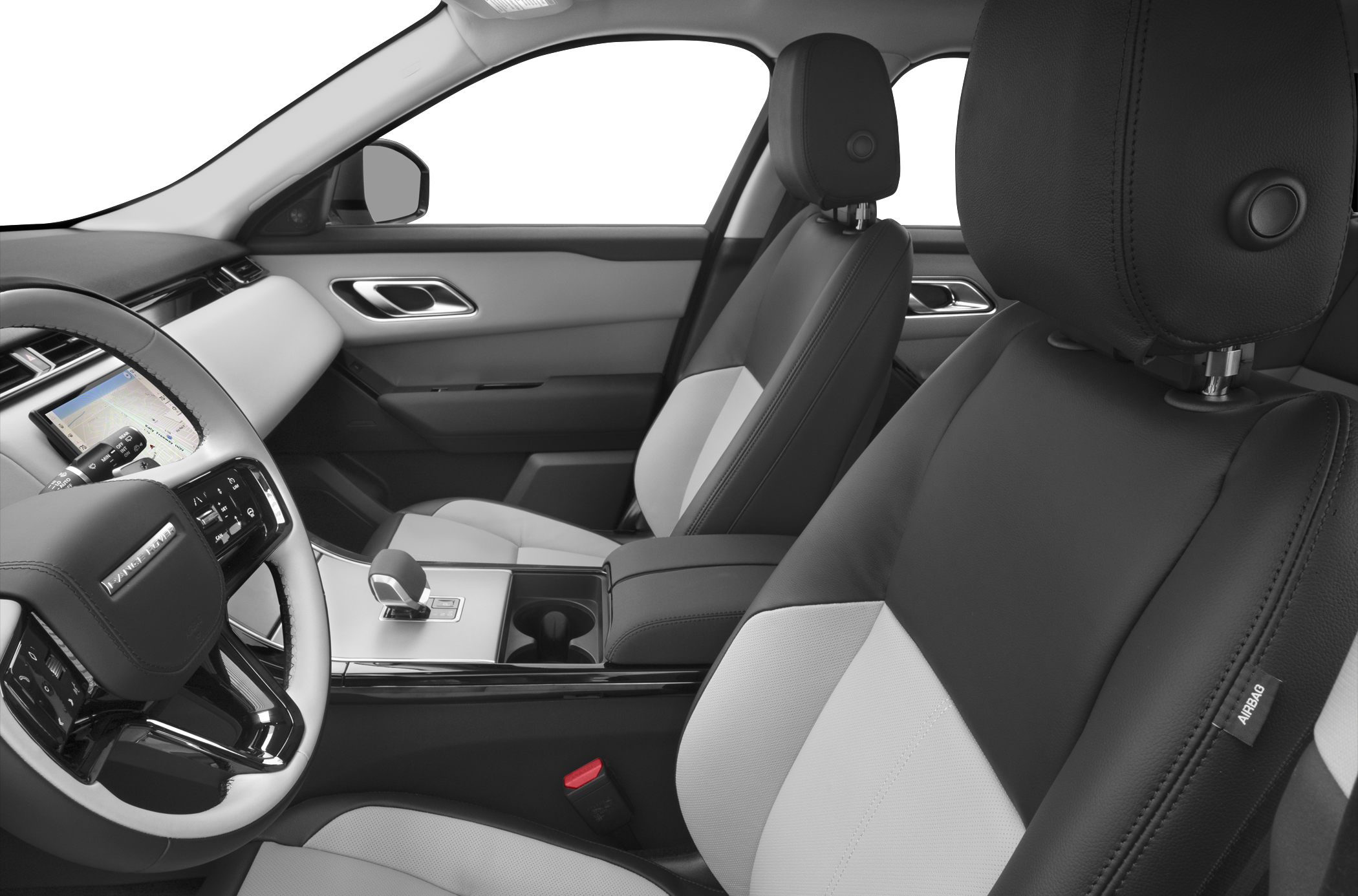 Luxury front seats and modern dashboard with digital displays