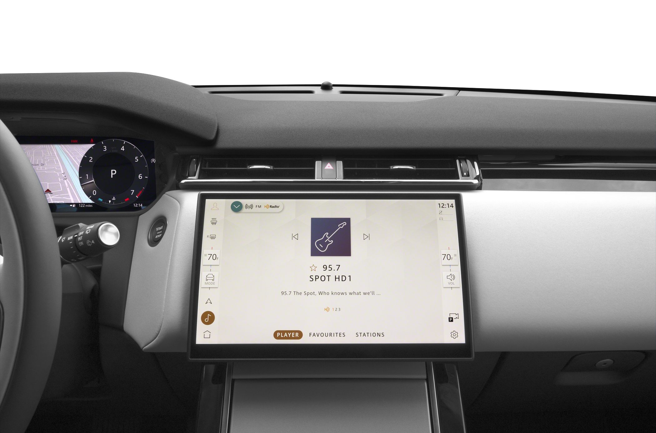 Large touchscreen infotainment and digital instrument cluster inside luxury SUV