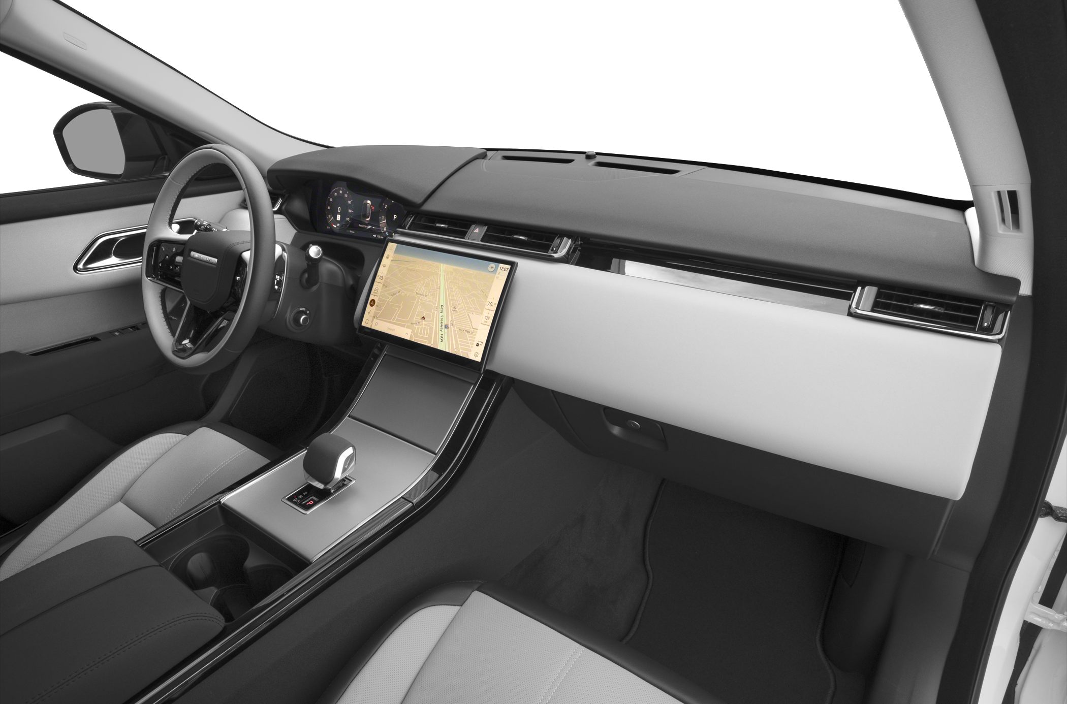Modern car interior with digital dashboard and touchscreen navigation.