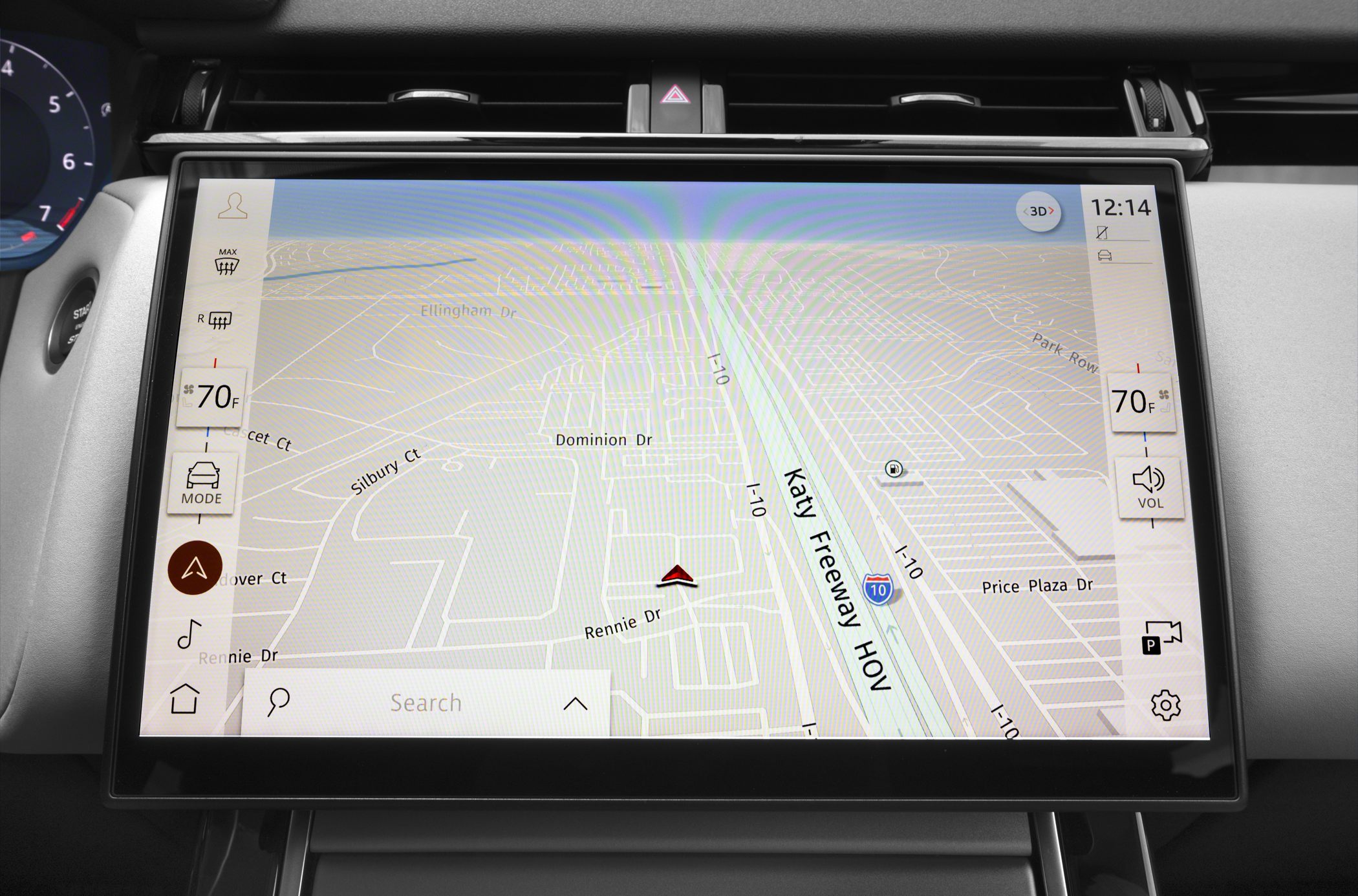 Large touchscreen navigation display with GPS map and climate controls.