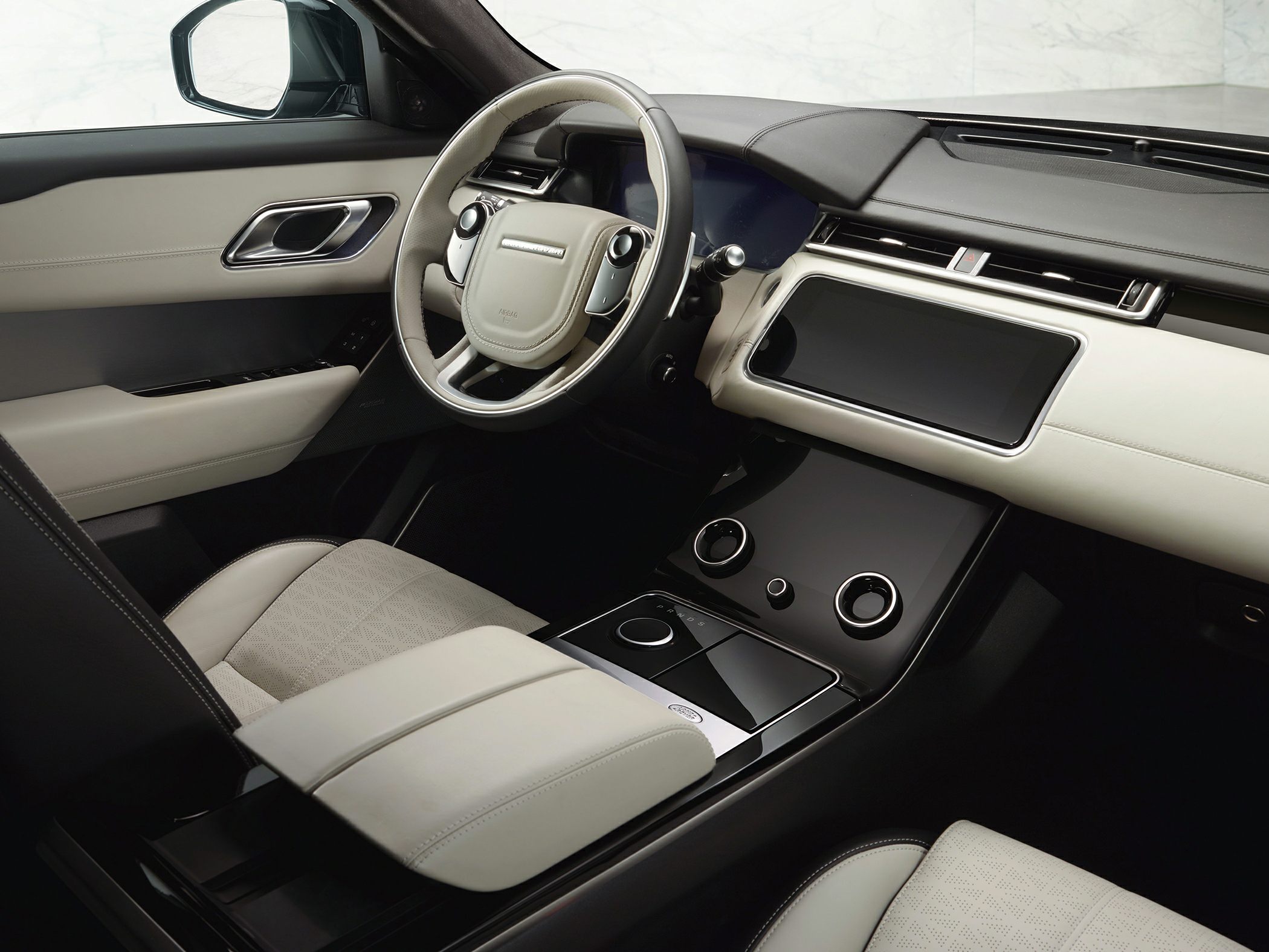 Luxury steering wheel, touchscreen dashboard, and modern center console