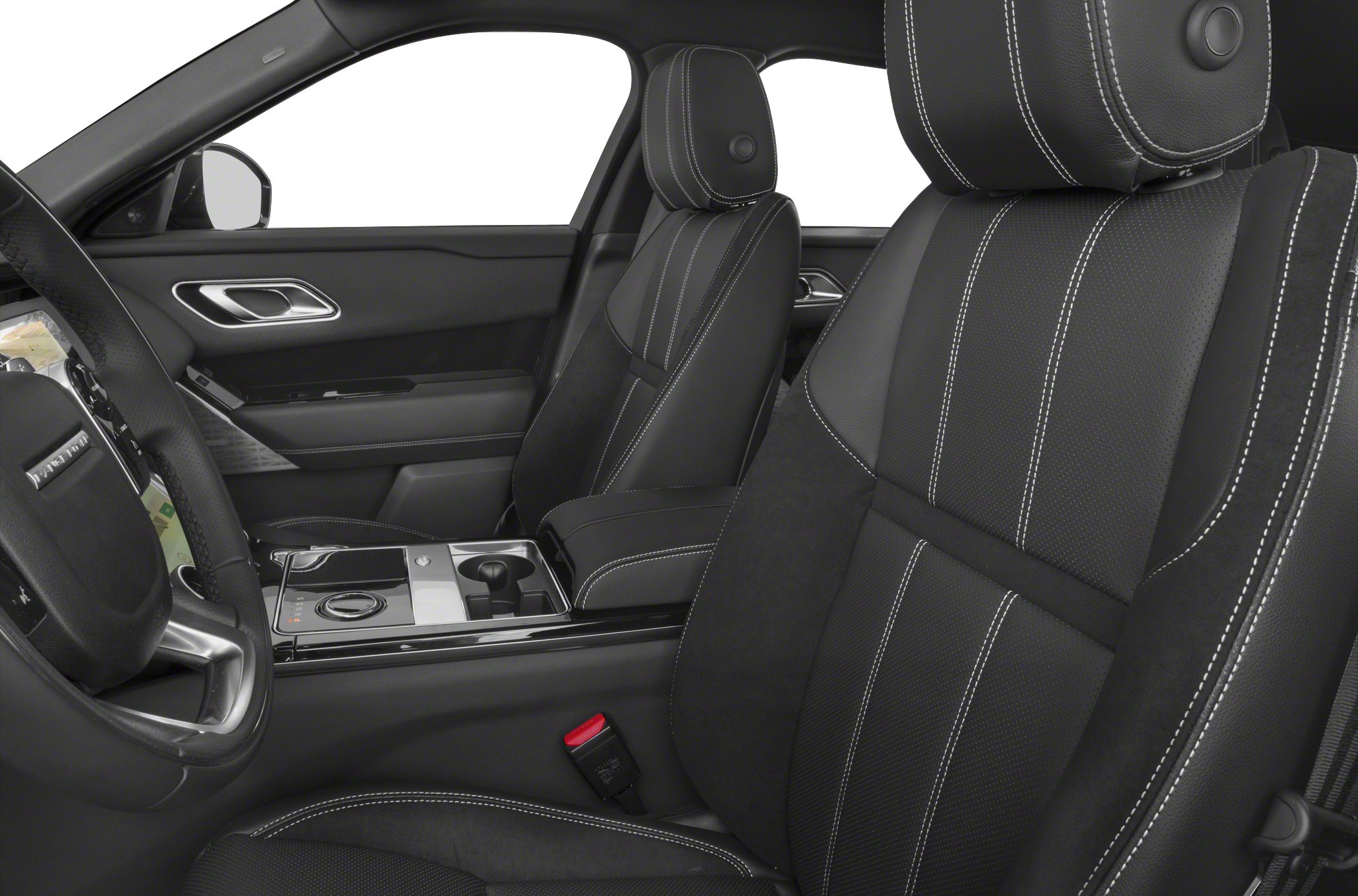 Premium black leather seats with white stitching and a modern center console