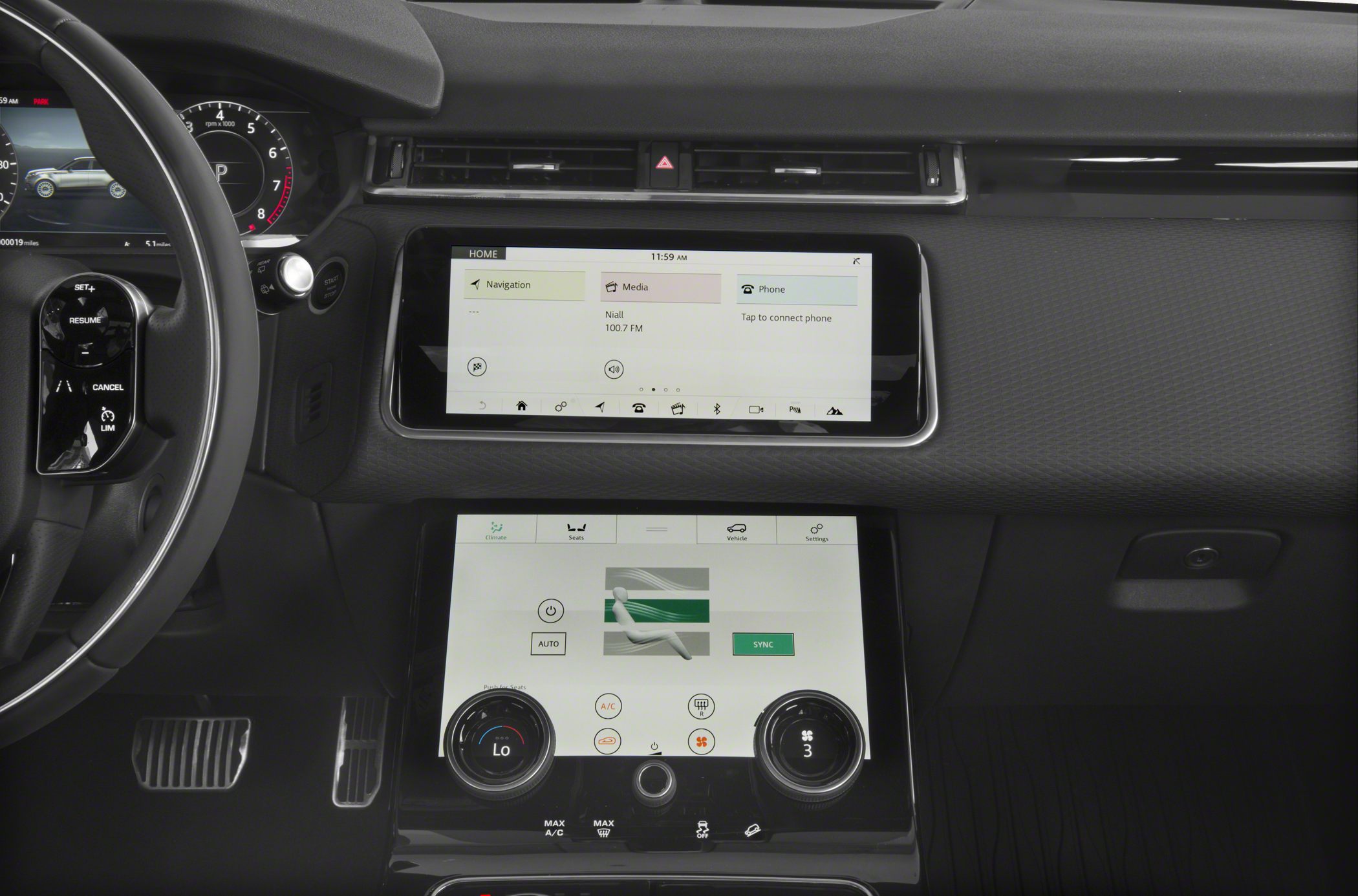 Modern digital dashboard with instrument cluster and dual central touchscreens.