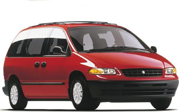 Red minivan with sliding side doors, front and side view