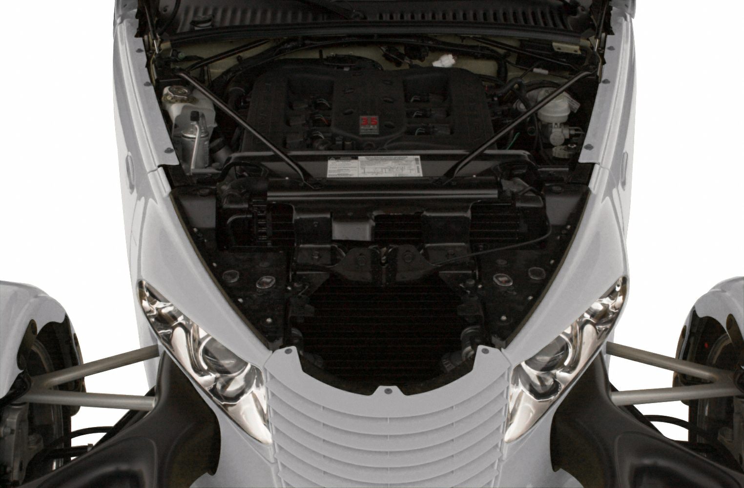 Front engine bay with V6 engine and exposed suspension arms